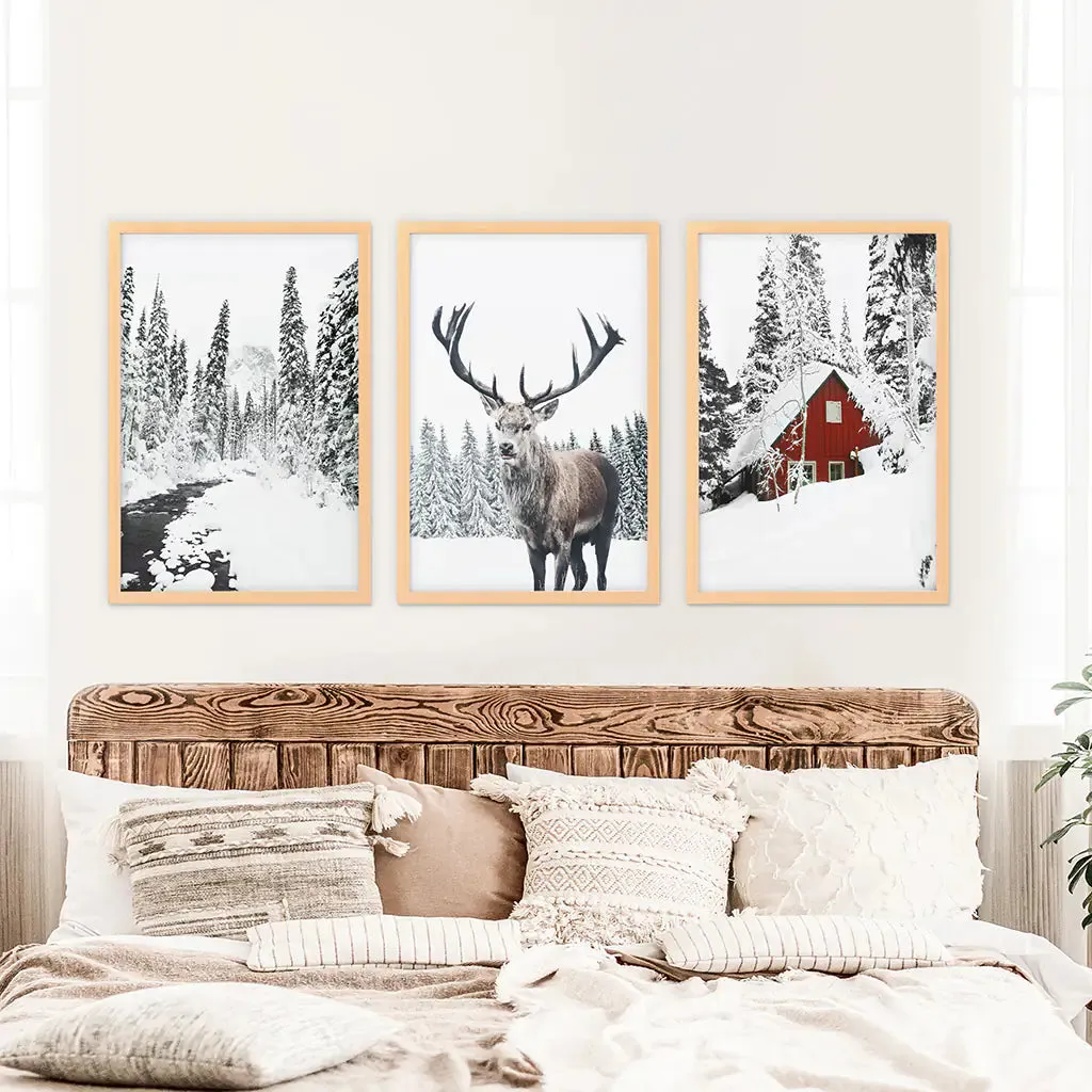 Christmas Mood Wall Art Prints. Red Log Cabin, Deer