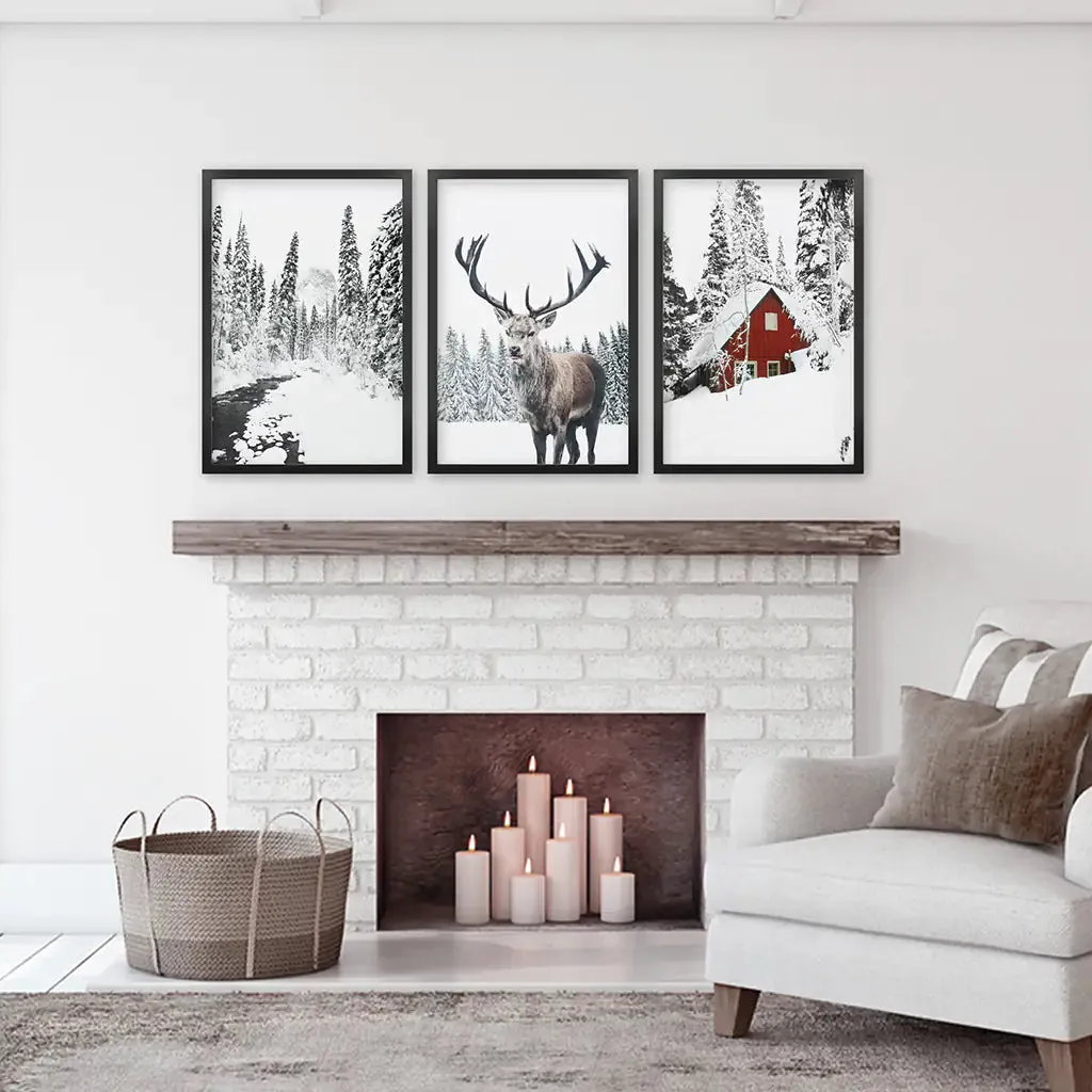 Christmas Mood Wall Art Prints. Red Log Cabin, Deer