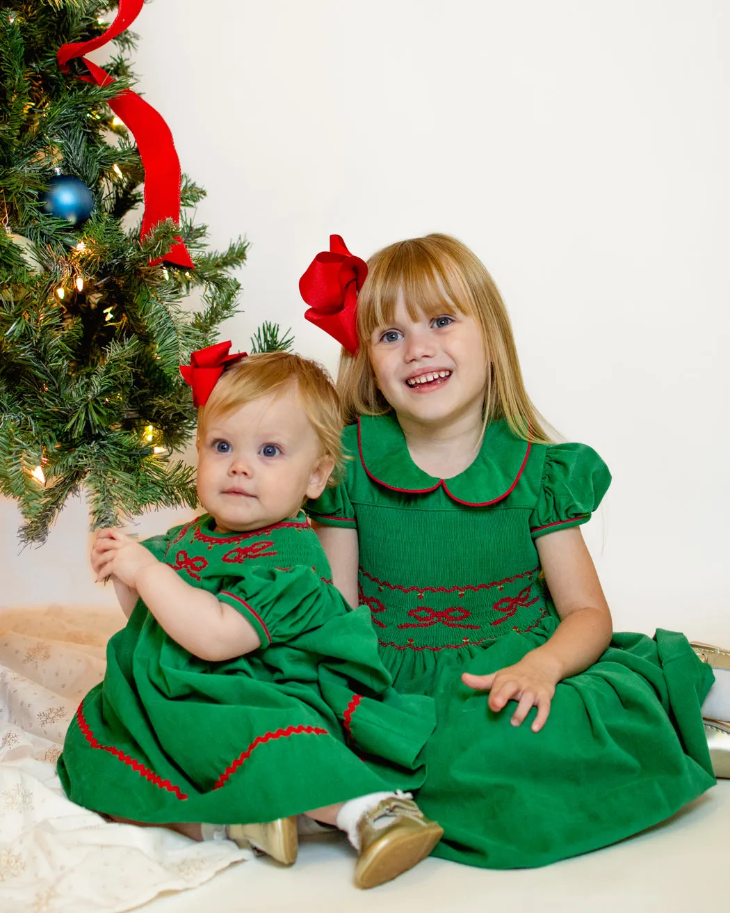 Christmas "Bows Again" Green Corduroy Smocked Dress