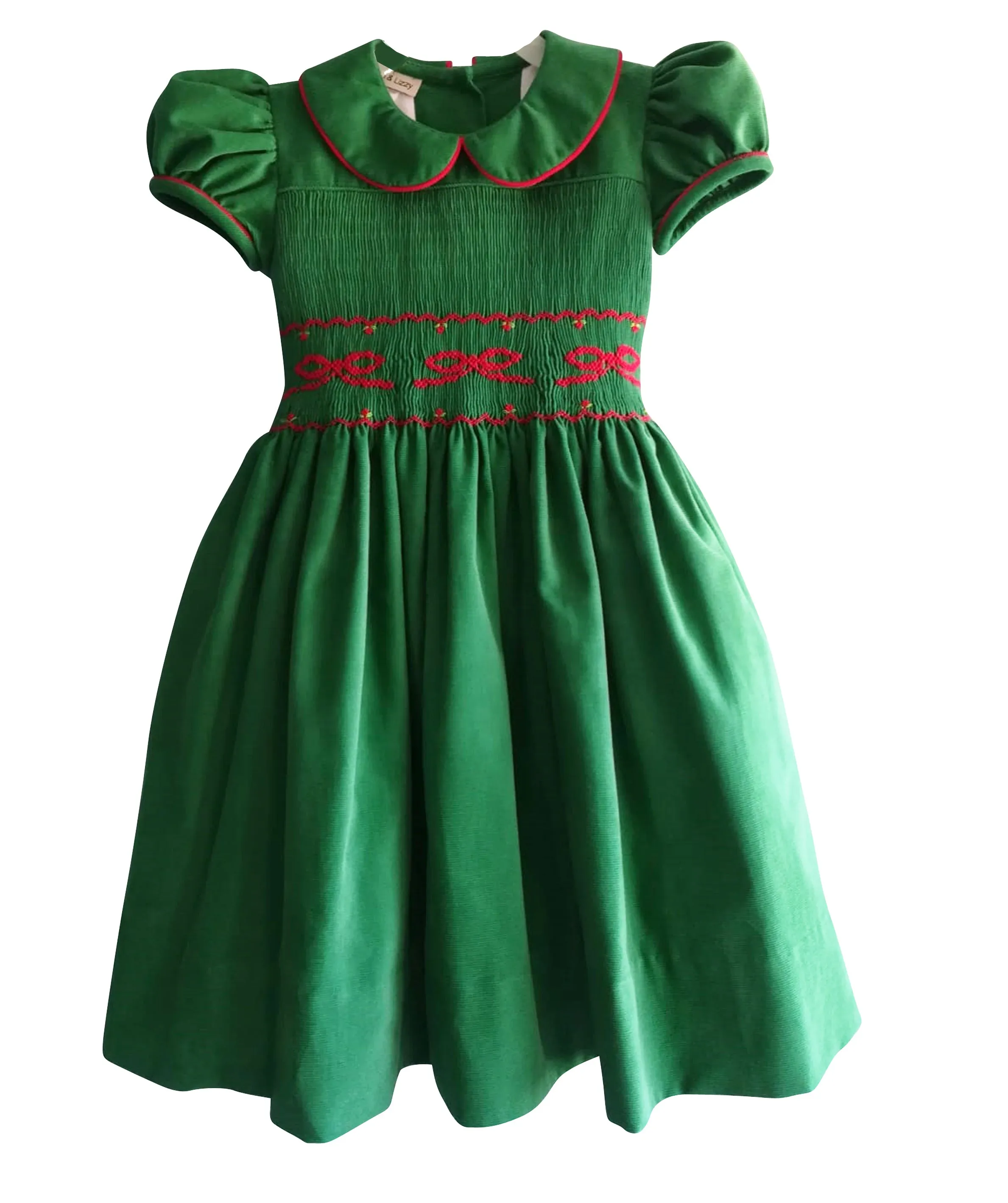 Christmas "Bows Again" Green Corduroy Smocked Dress