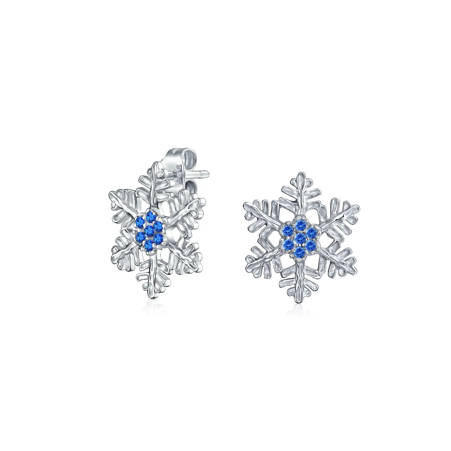 Christmas Set Branch Snowflake Pendant Blue CZ Necklace Stud Earring .925 Silver