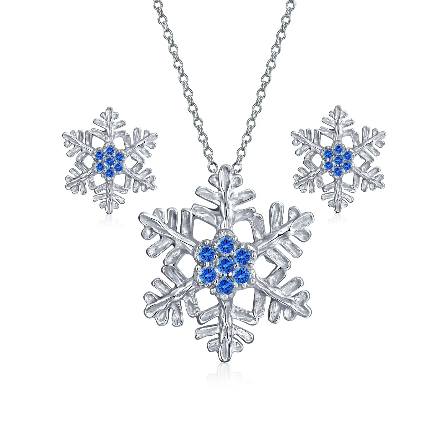 Christmas Set Branch Snowflake Pendant Blue CZ Necklace Stud Earring .925 Silver