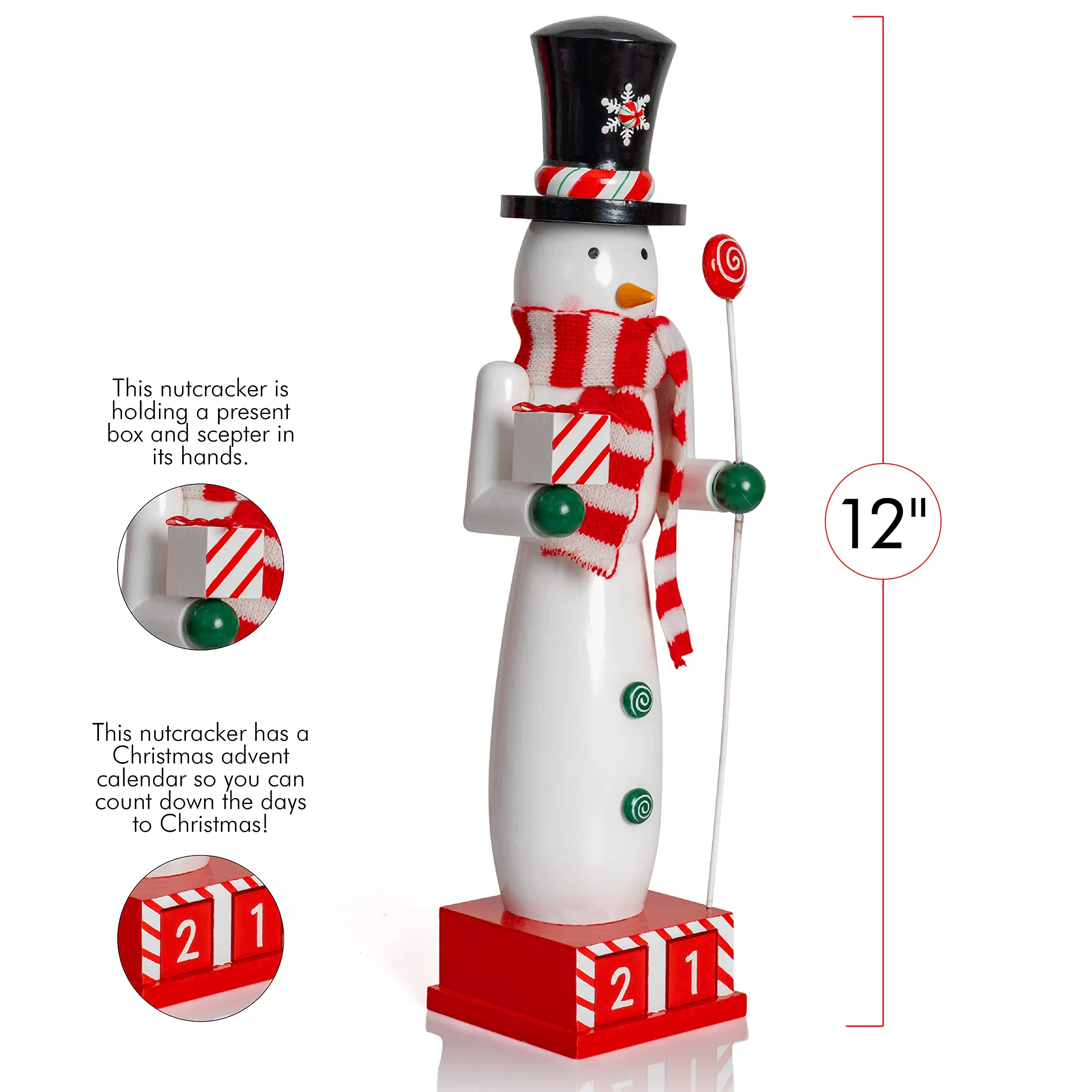 Christmas Snowman Countdown Nutcracker – Wooden Snow Man Nutcracker with Advent Calendar Count Down to Christmas Base Xmas Themed Holiday Nut Cracker Doll Figure Decorations