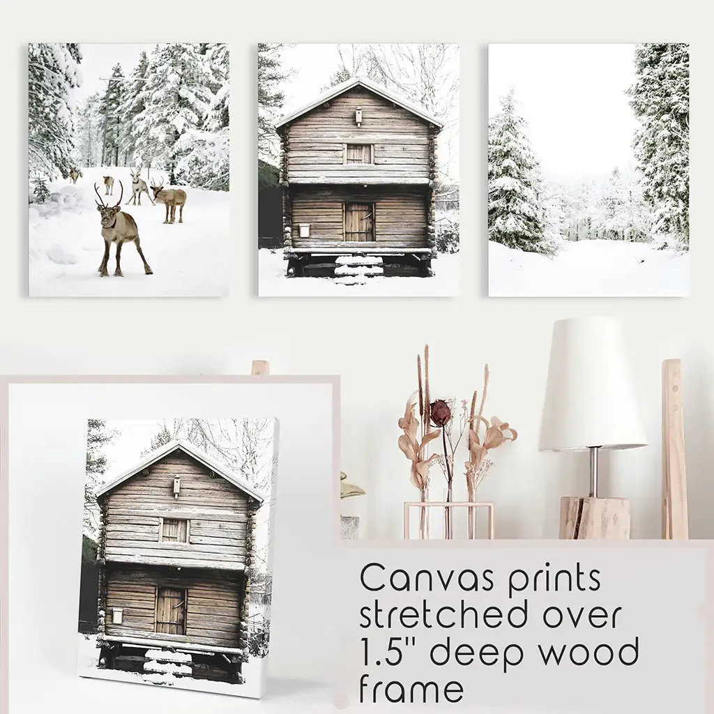 Christmas Theme Wall Art Set. Reindeer, Log Cabin, Forest