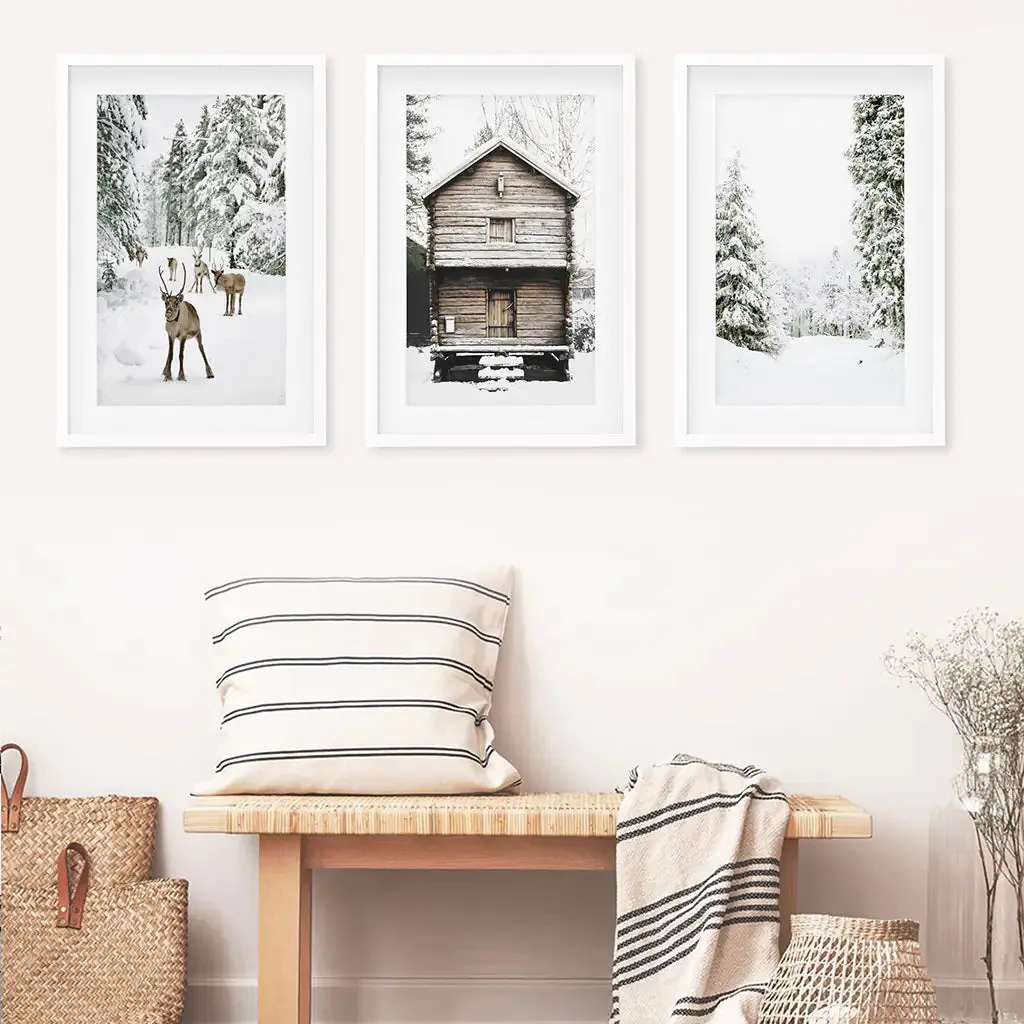 Christmas Theme Wall Art Set. Reindeer, Log Cabin, Forest