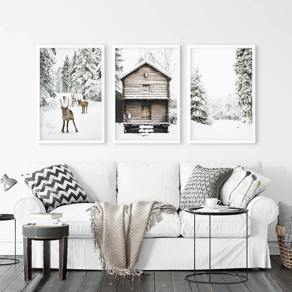 Christmas Theme Wall Art Set. Reindeer, Log Cabin, Forest