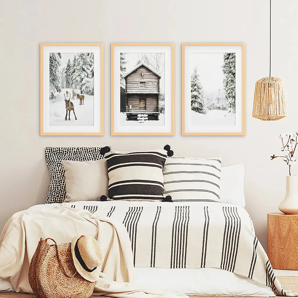 Christmas Theme Wall Art Set. Reindeer, Log Cabin, Forest