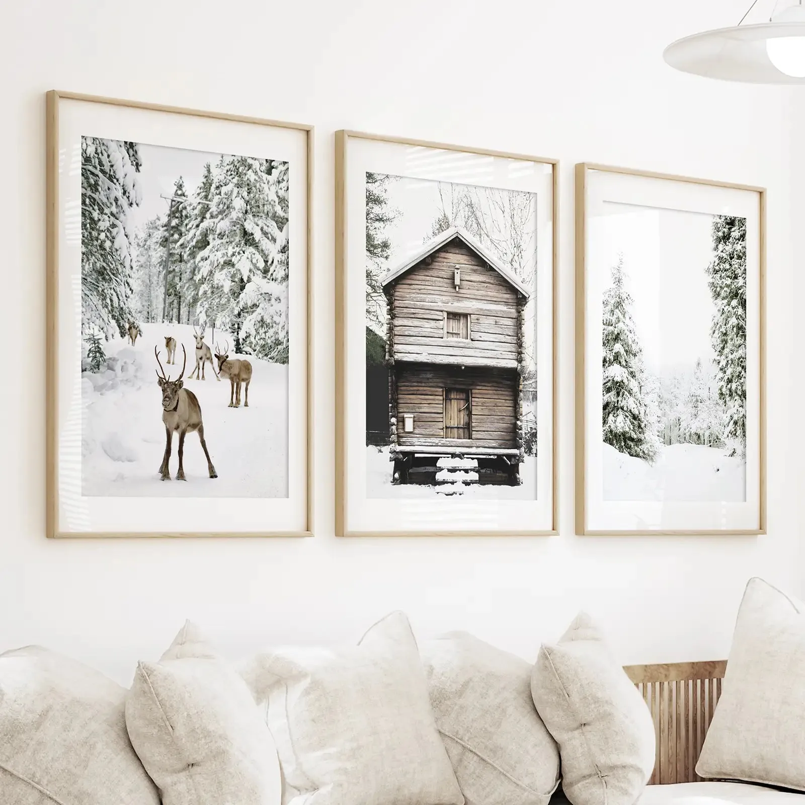 Christmas Theme Wall Art Set. Reindeer, Log Cabin, Forest