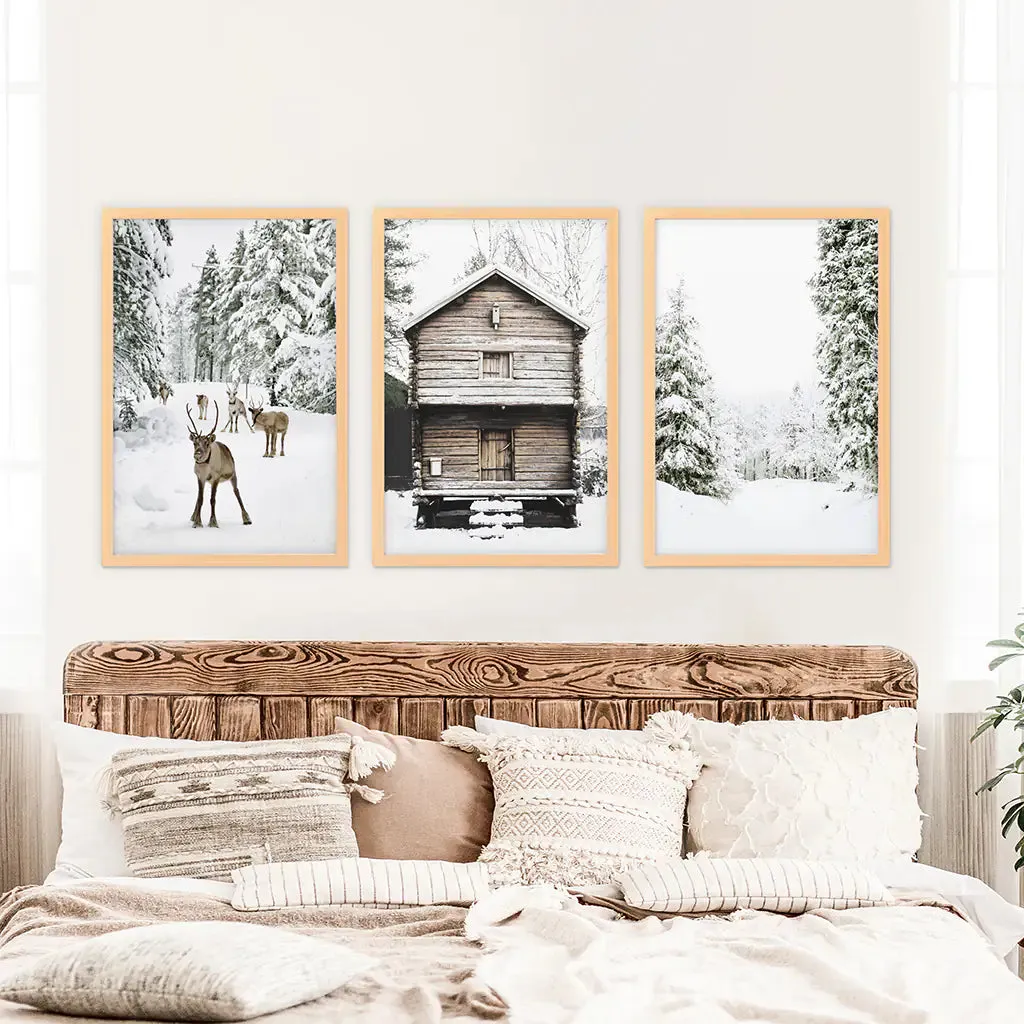 Christmas Theme Wall Art Set. Reindeer, Log Cabin, Forest