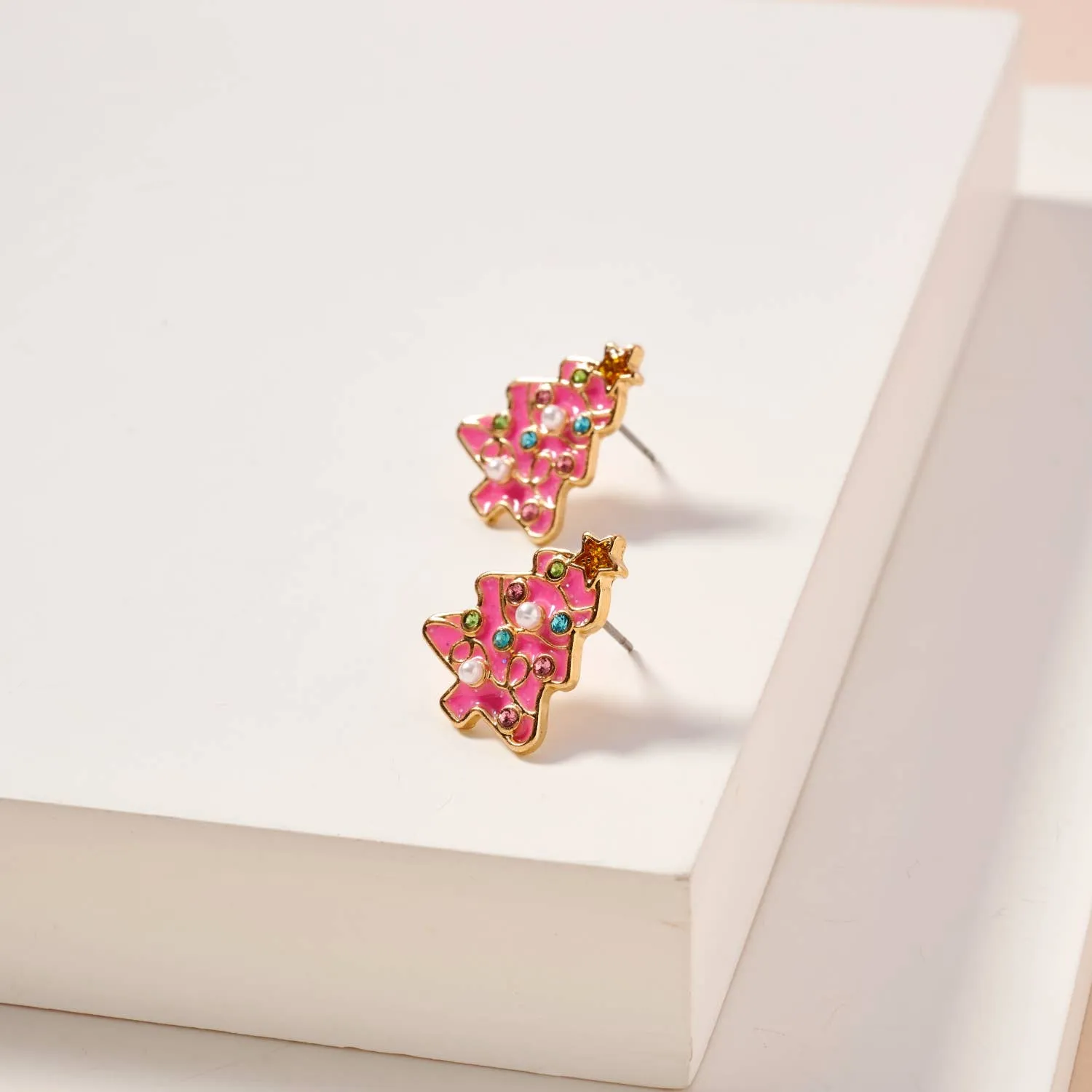 Christmas Tree Enamel Stud Earrings: Pink