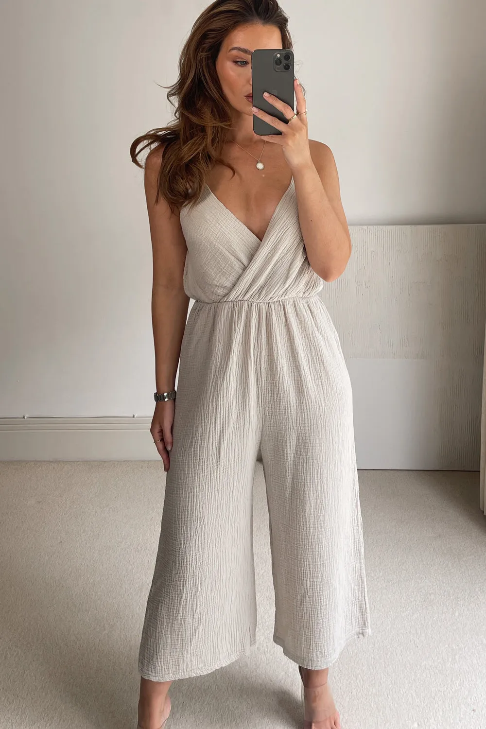 Clara Beige Wrap Over Culotte Jumpsuit