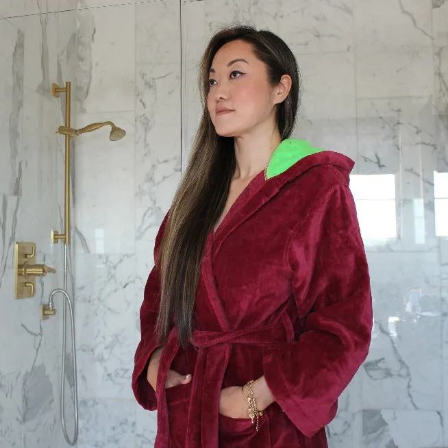 cotton velour hooded robe, burgundy-bright green