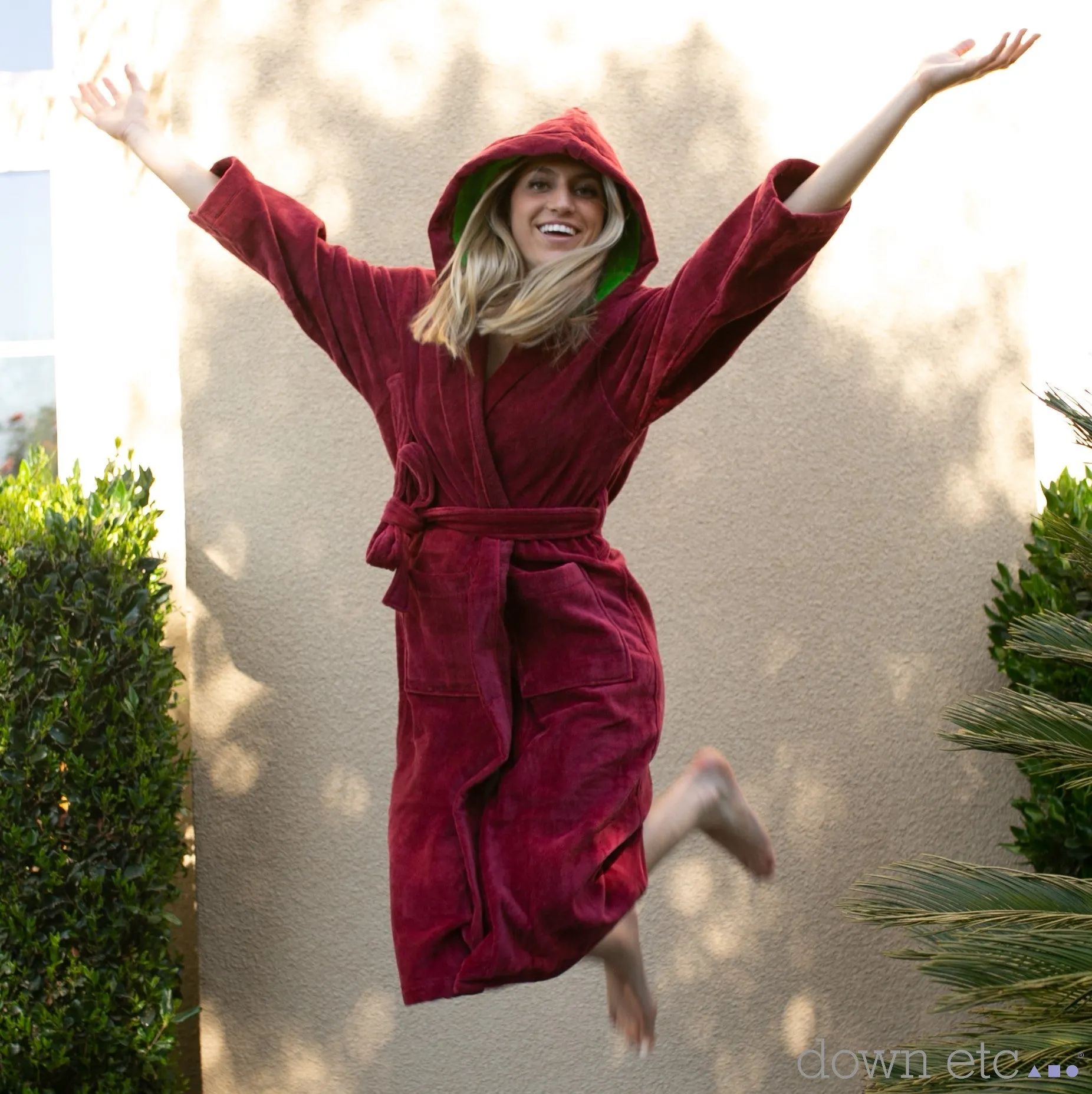 cotton velour hooded robe, burgundy-bright green