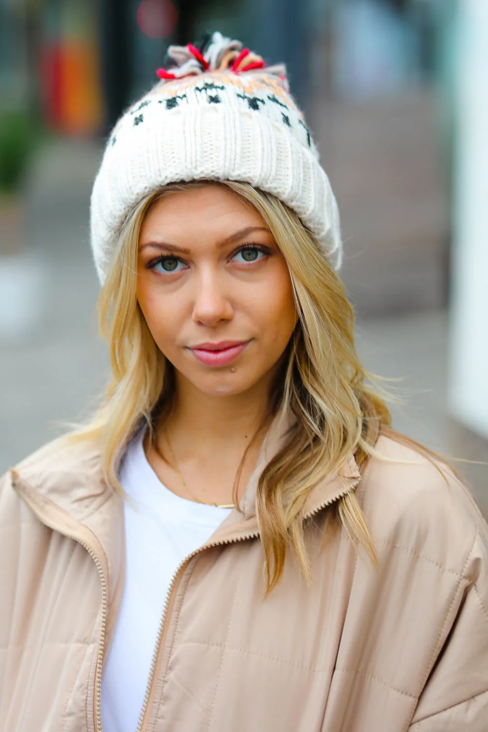 Cream Multicolor Cable Knit Pom-Pom Beanie