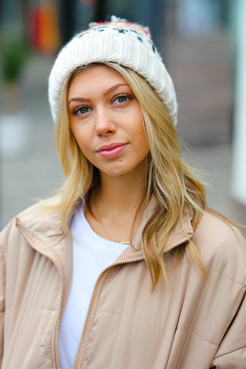 Cream Multicolor Cable Knit Pom-Pom Beanie