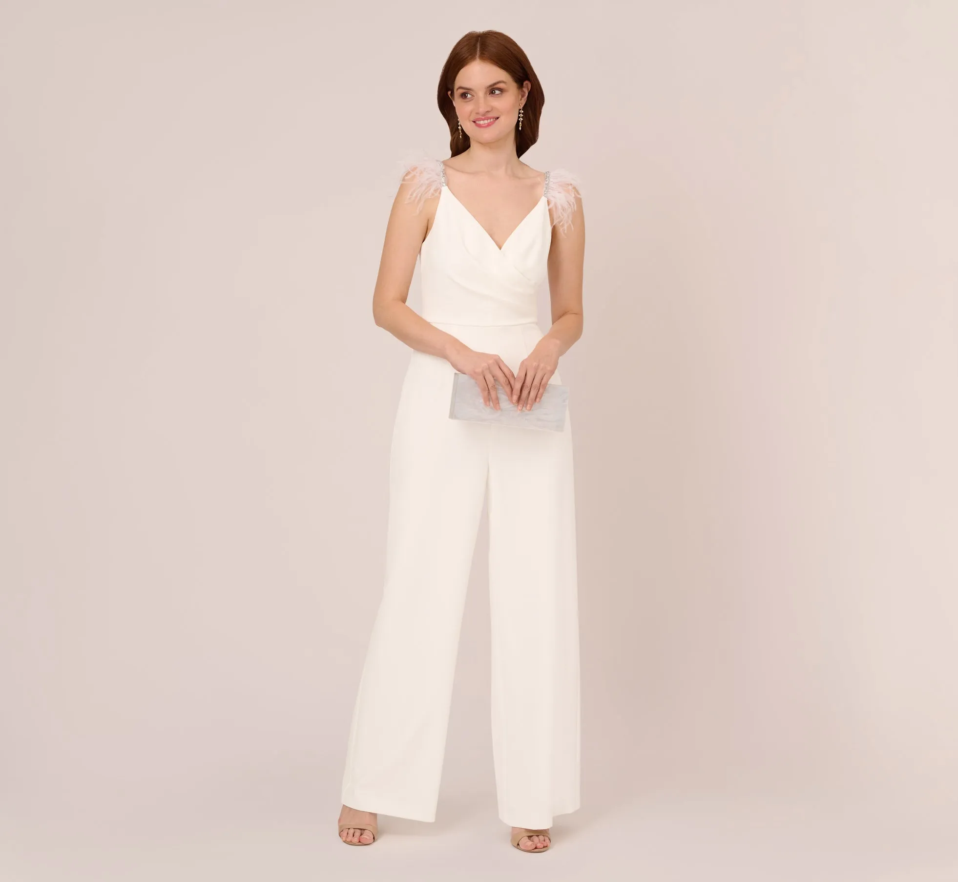 Crepe Wide Leg Jumpsuit With Bead And Feather Accents In Ivory