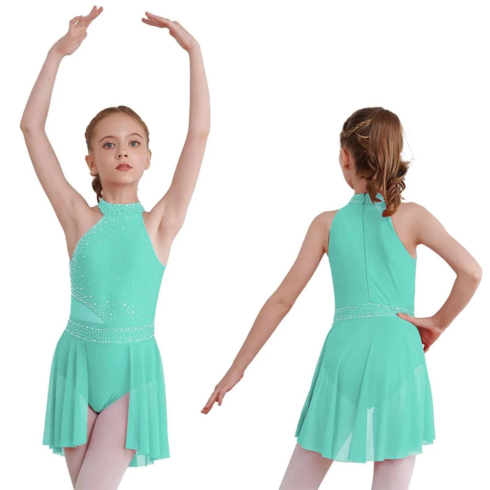 #D009 Ballet - Lyrical Dance Dress- Sleeveless Rhinestone Costume-Figure Skating -Stage - Solo -Troupe