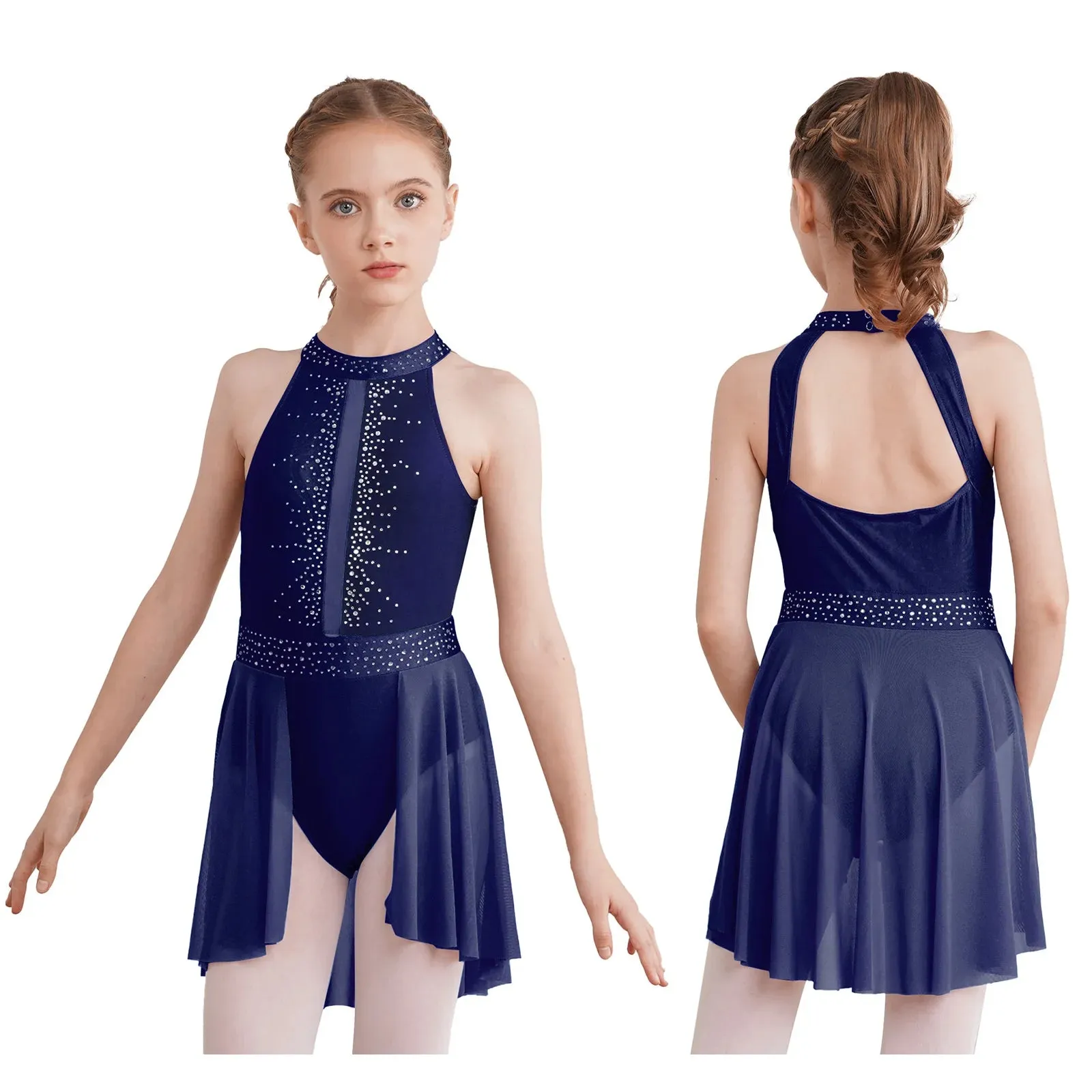 #D009 Ballet - Lyrical Dance Dress- Sleeveless Rhinestone Costume-Figure Skating -Stage - Solo -Troupe