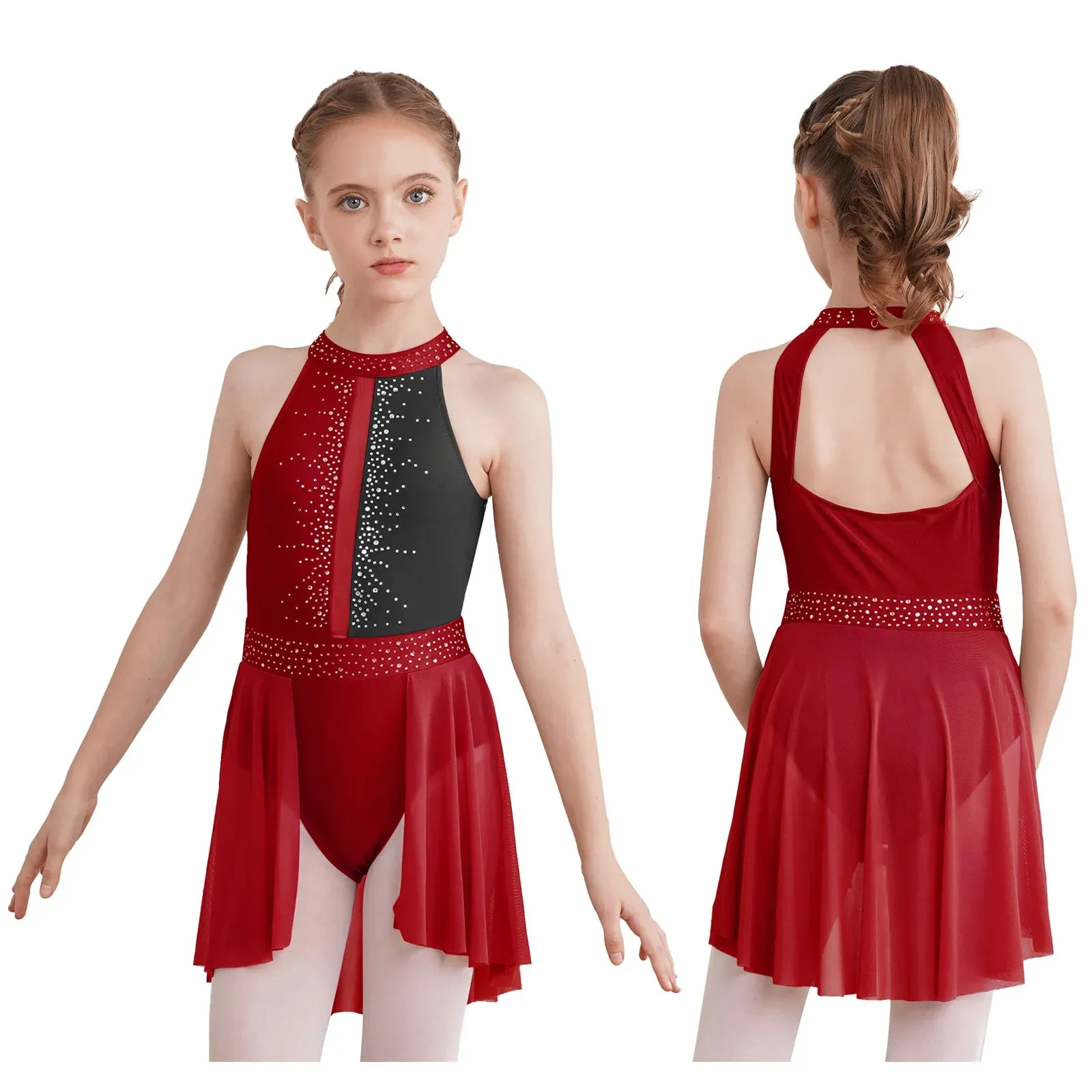 #D009 Ballet - Lyrical Dance Dress- Sleeveless Rhinestone Costume-Figure Skating -Stage - Solo -Troupe