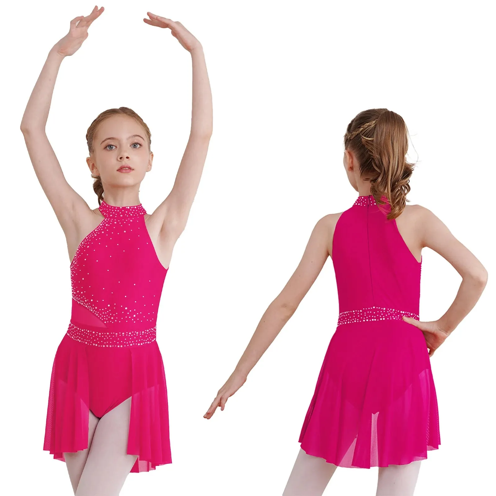 #D009 Ballet - Lyrical Dance Dress- Sleeveless Rhinestone Costume-Figure Skating -Stage - Solo -Troupe