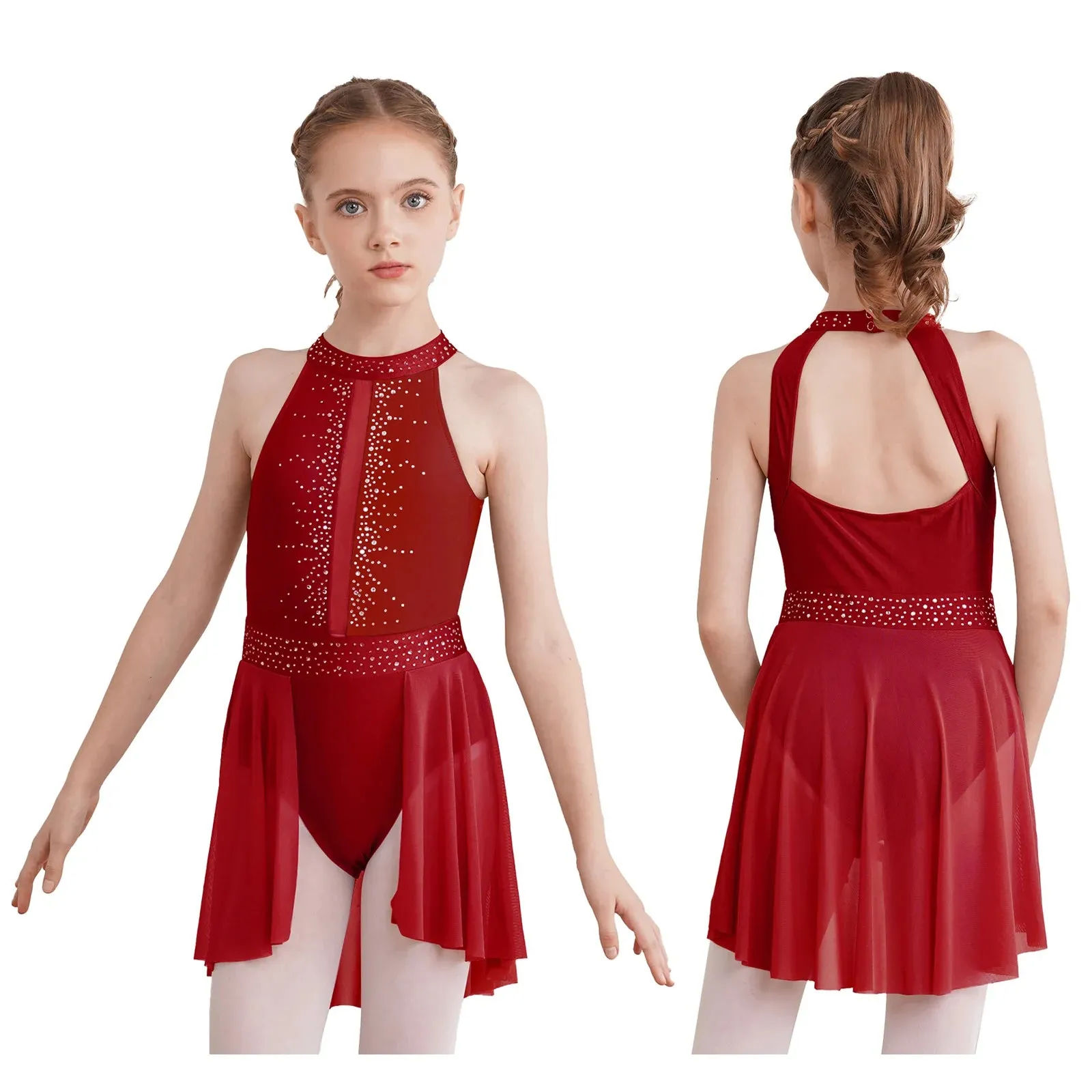 #D009 Ballet - Lyrical Dance Dress- Sleeveless Rhinestone Costume-Figure Skating -Stage - Solo -Troupe