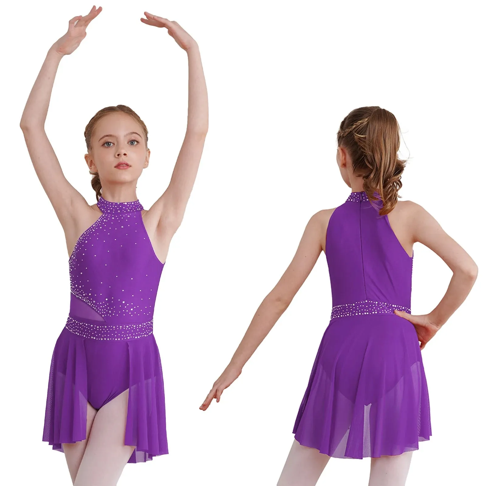 #D009 Ballet - Lyrical Dance Dress- Sleeveless Rhinestone Costume-Figure Skating -Stage - Solo -Troupe