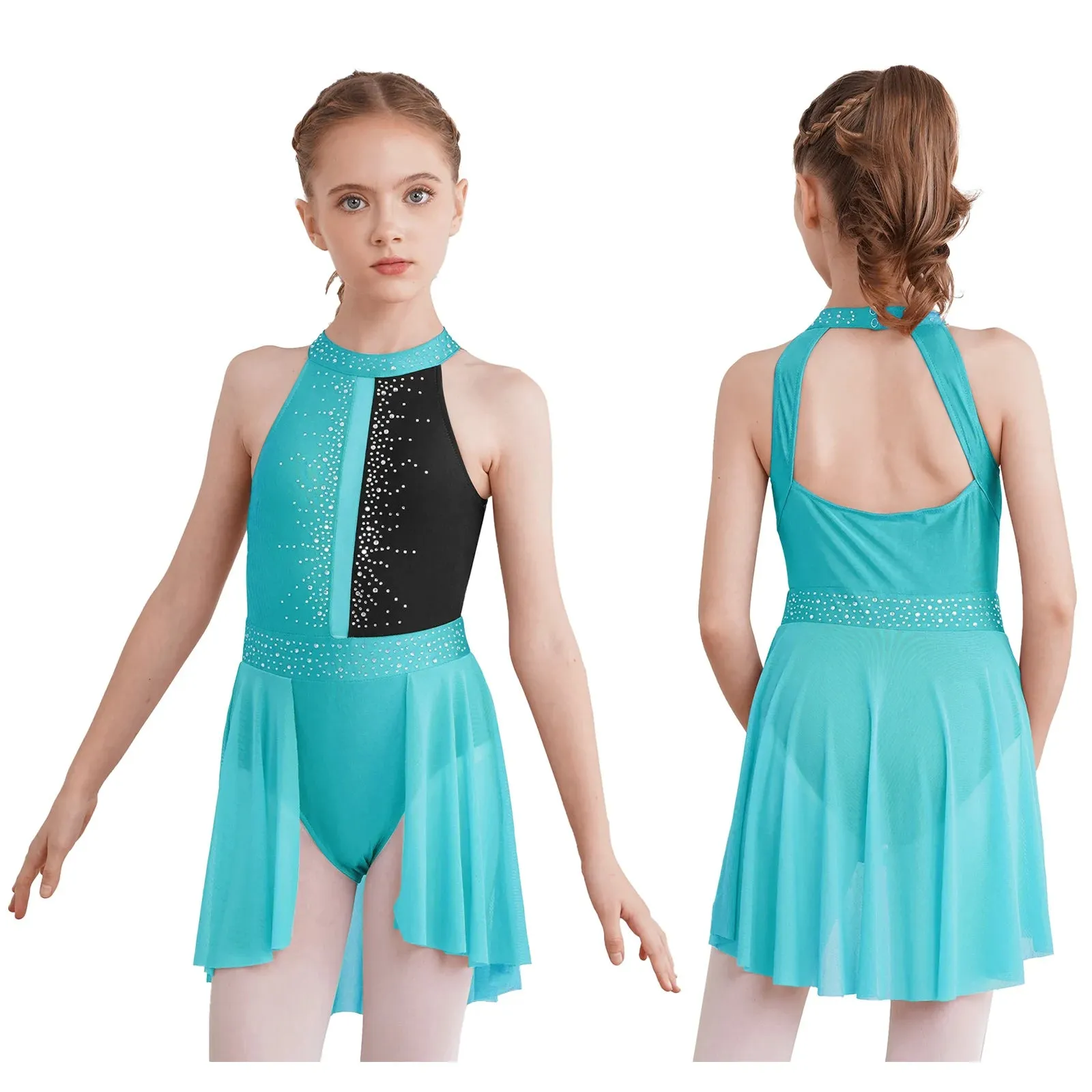 #D009 Ballet - Lyrical Dance Dress- Sleeveless Rhinestone Costume-Figure Skating -Stage - Solo -Troupe