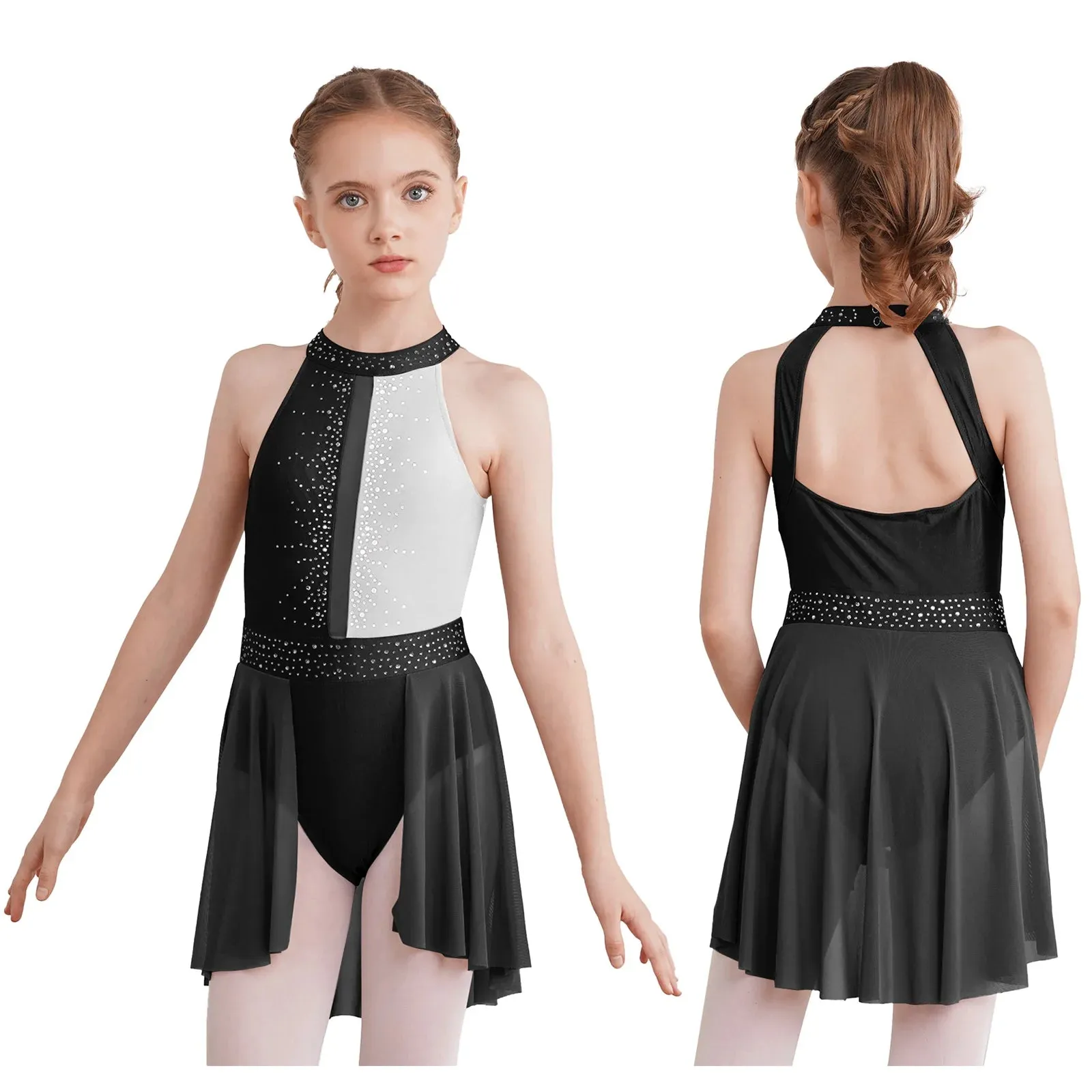 #D009 Ballet - Lyrical Dance Dress- Sleeveless Rhinestone Costume-Figure Skating -Stage - Solo -Troupe