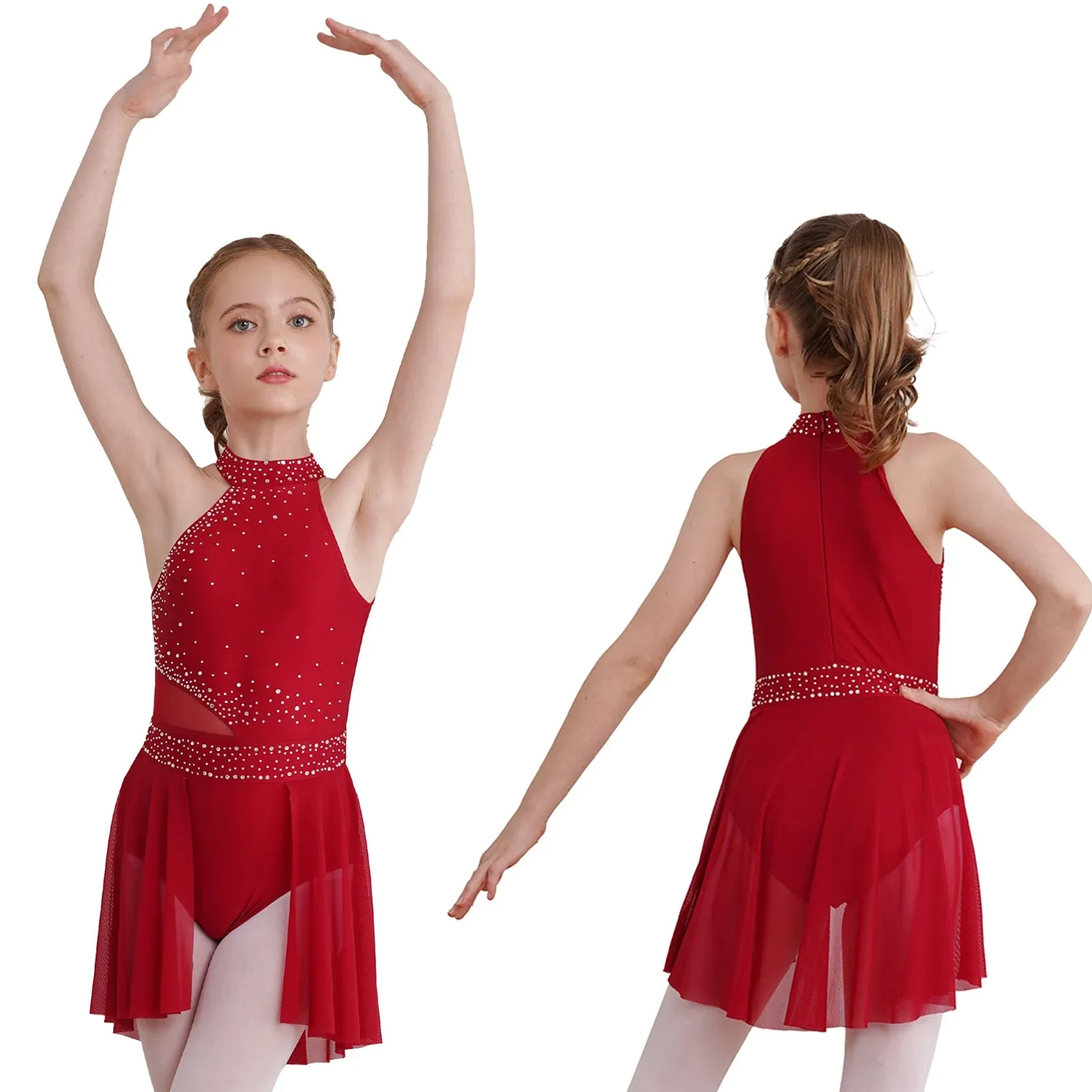 #D009 Ballet - Lyrical Dance Dress- Sleeveless Rhinestone Costume-Figure Skating -Stage - Solo -Troupe