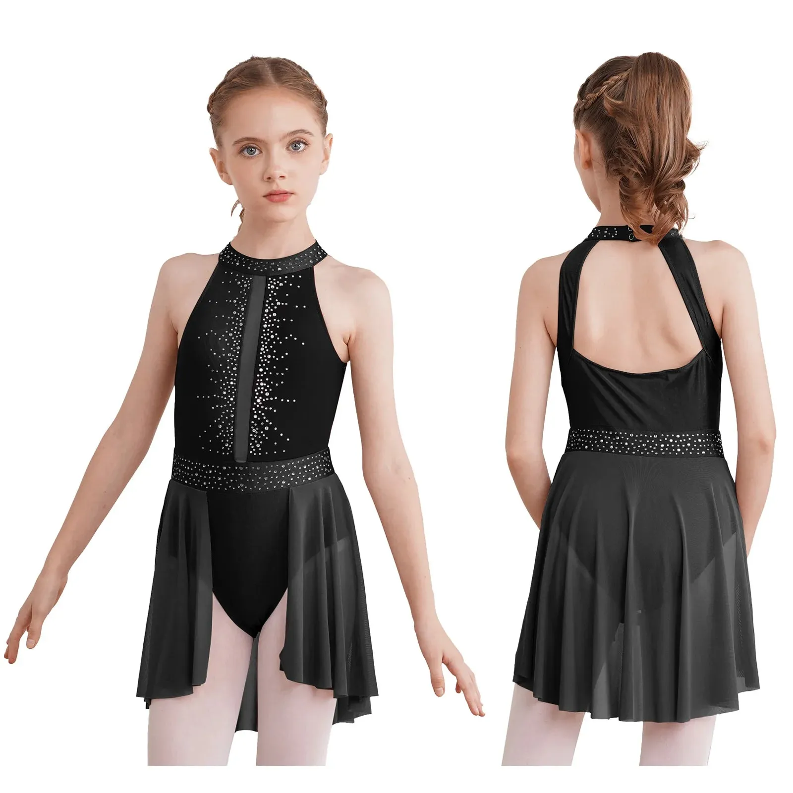 #D009 Ballet - Lyrical Dance Dress- Sleeveless Rhinestone Costume-Figure Skating -Stage - Solo -Troupe