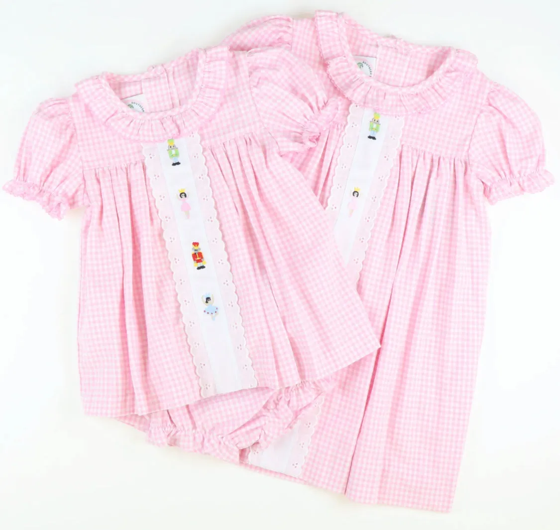 Embroidered Nutcracker Ruffle Top & Bloomer Set- Light Pink Flannel