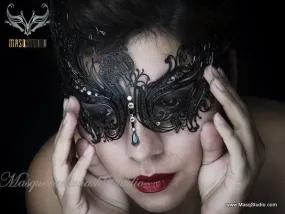 Filigree laser cut metal black swan Masquerade Mask