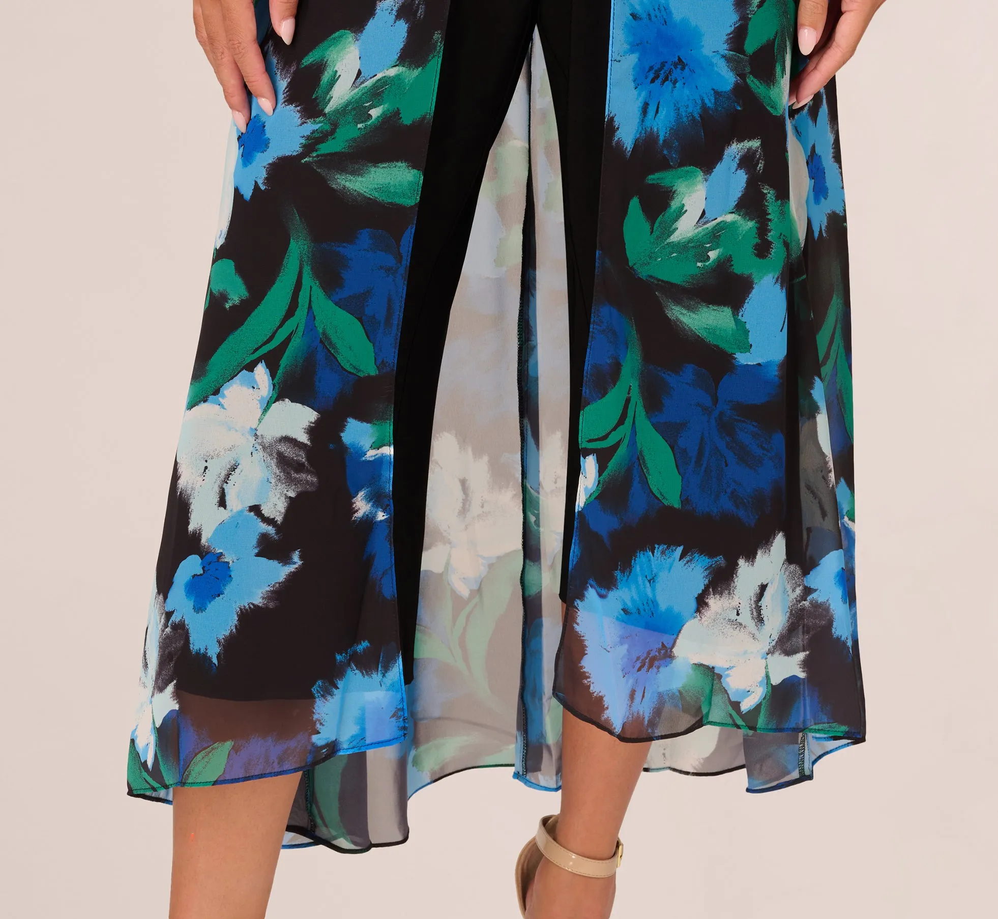 Floral Print Chiffon Cropped Jumpsuit With Wide Legs In Black Multi