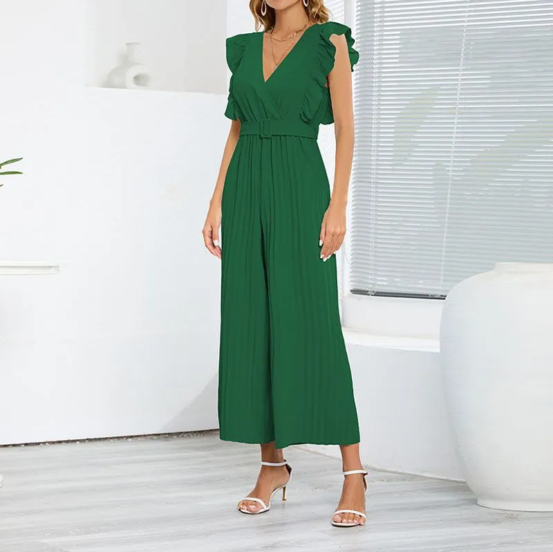 Formal Belted Ruffle Pleated V Neck Wide Leg Palazzo Jumpsuits For Women