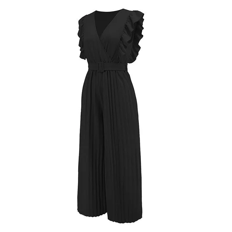 Formal Belted Ruffle Pleated V Neck Wide Leg Palazzo Jumpsuits For Women