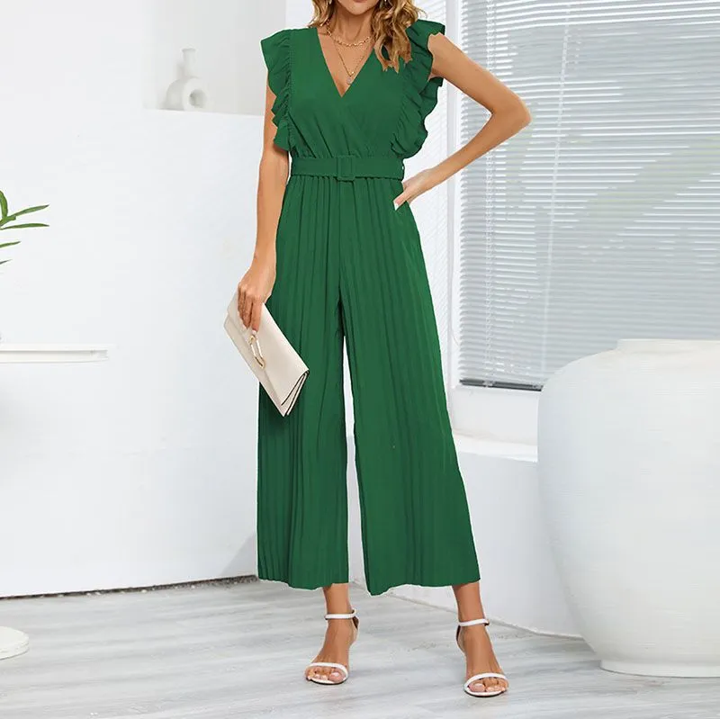 Formal Belted Ruffle Pleated V Neck Wide Leg Palazzo Jumpsuits For Women