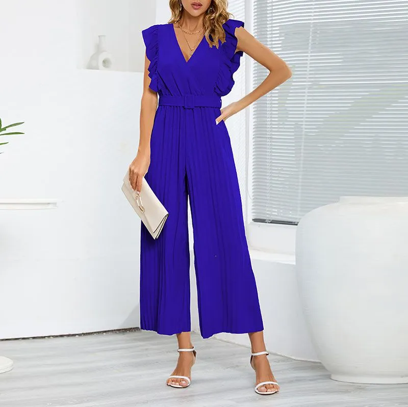 Formal Belted Ruffle Pleated V Neck Wide Leg Palazzo Jumpsuits For Women