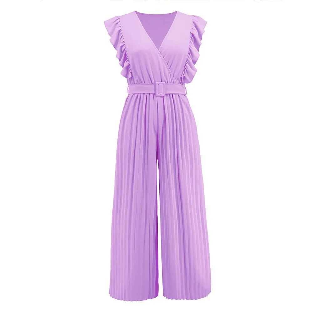 Formal Belted Ruffle Pleated V Neck Wide Leg Palazzo Jumpsuits For Women