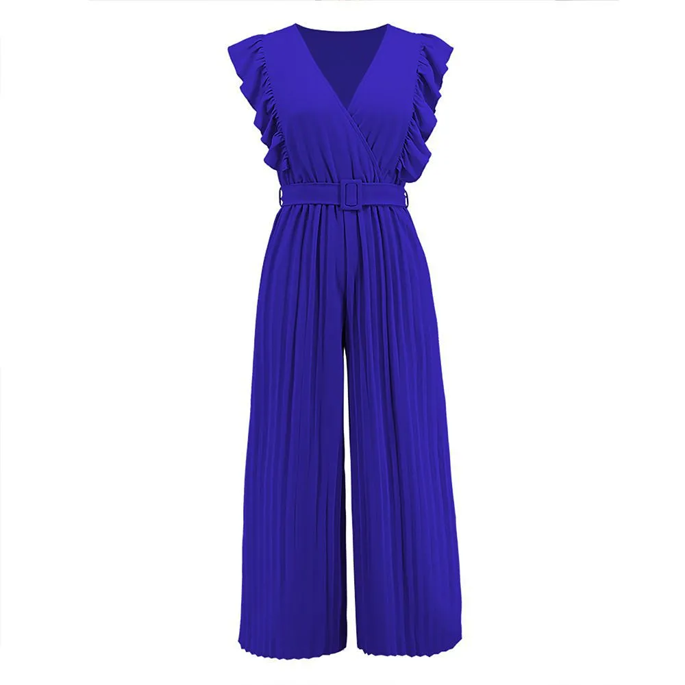 Formal Belted Ruffle Pleated V Neck Wide Leg Palazzo Jumpsuits For Women