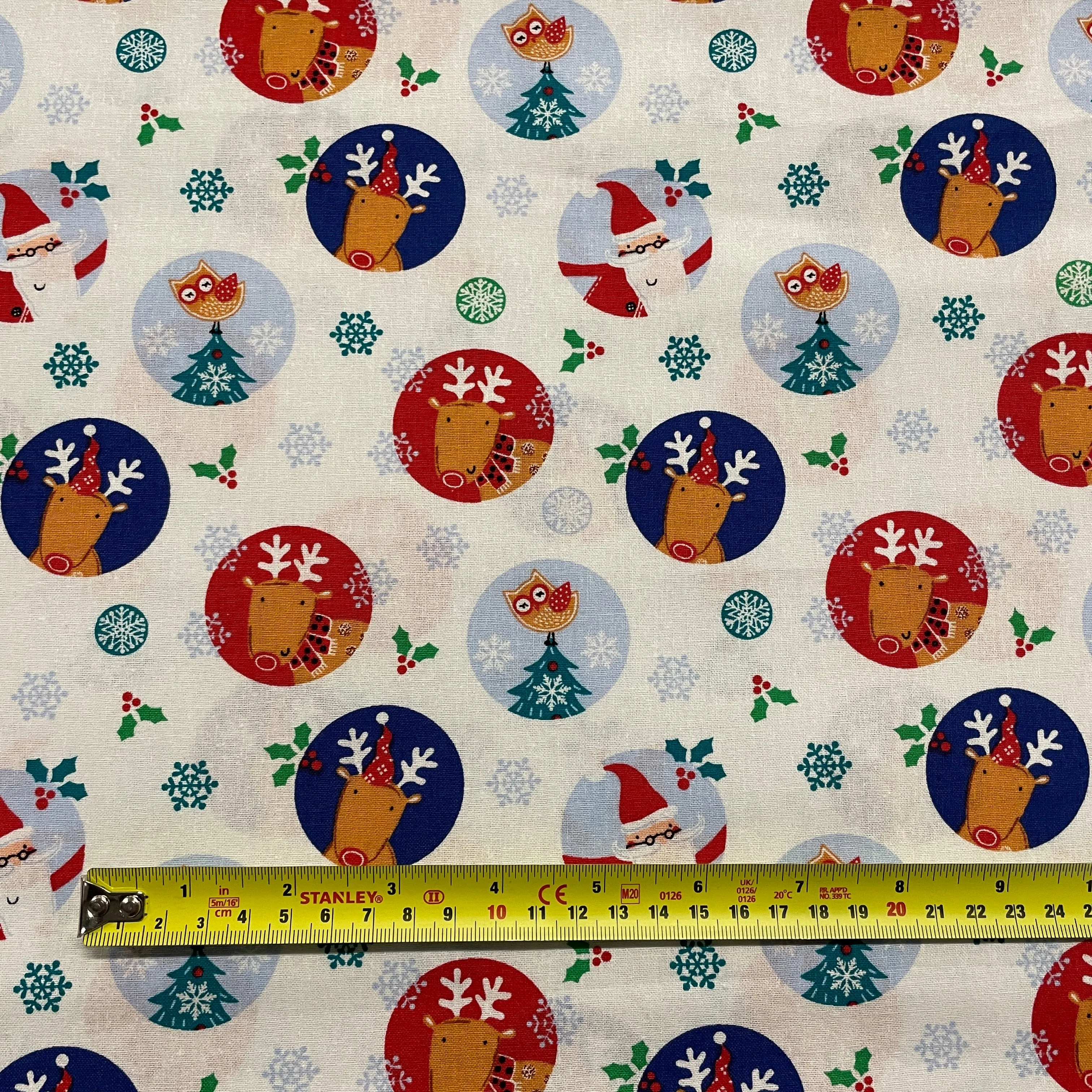 FS861 Christmas Santa & Reindeer Christmas Cotton Fabric White