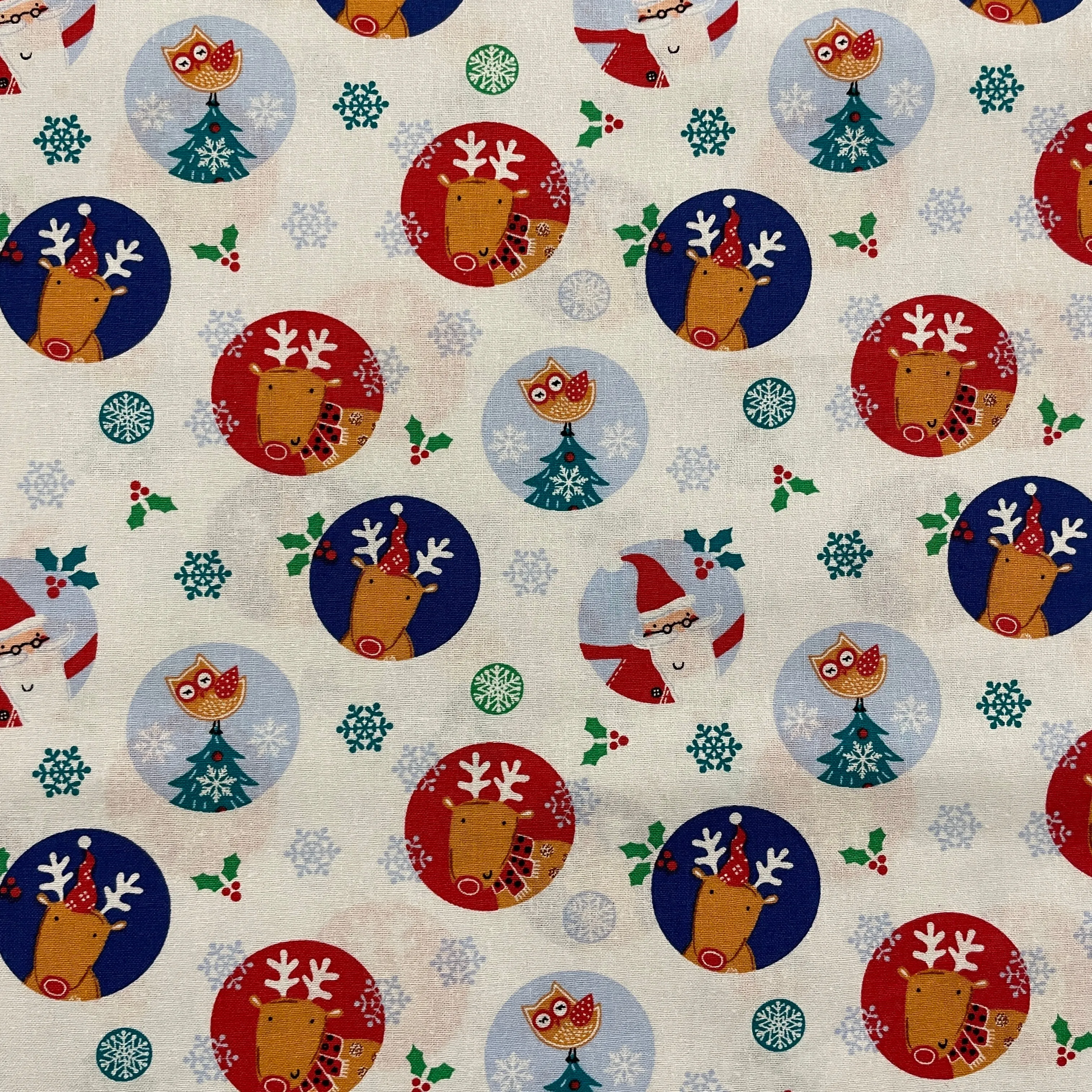 FS861 Christmas Santa & Reindeer Christmas Cotton Fabric White