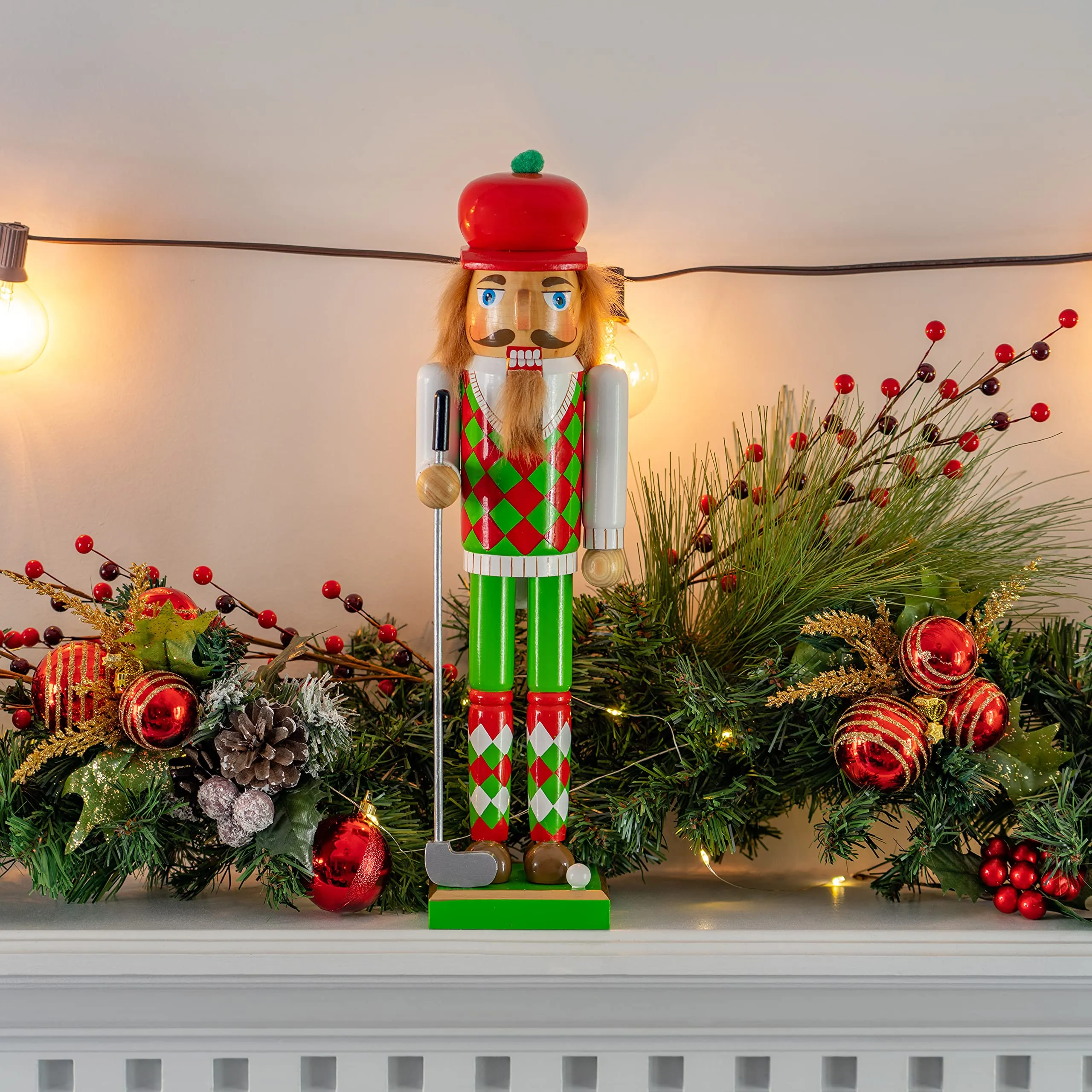 Golf Player Christmas Nutcracker – Red and Green Wooden Golfer with Club and Ball Xmas Themed Holiday Nut Cracker Doll Figure Toy Decorations