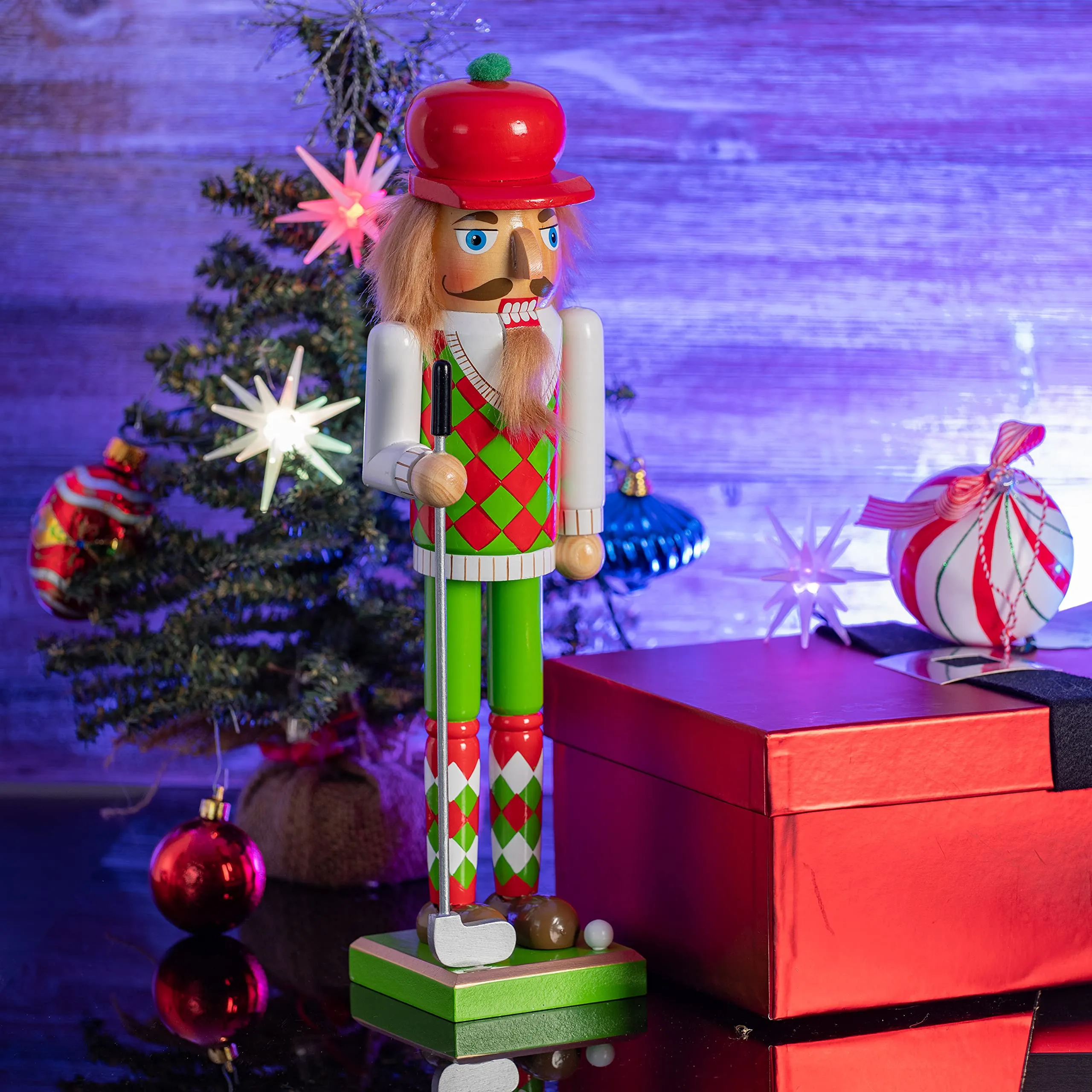 Golf Player Christmas Nutcracker – Red and Green Wooden Golfer with Club and Ball Xmas Themed Holiday Nut Cracker Doll Figure Toy Decorations