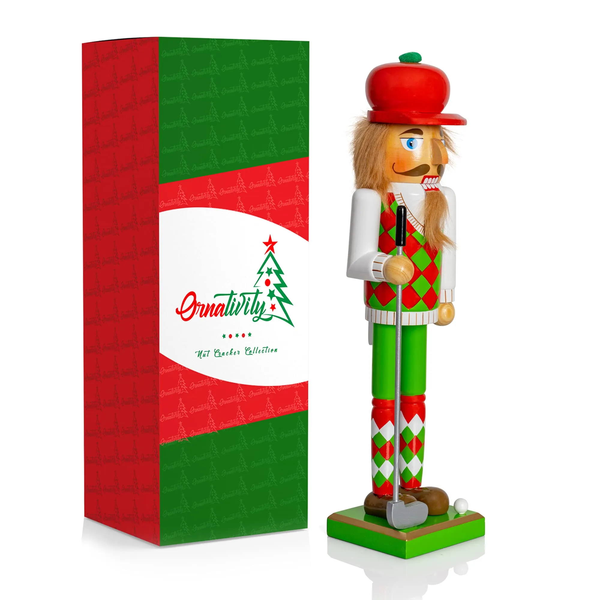 Golf Player Christmas Nutcracker – Red and Green Wooden Golfer with Club and Ball Xmas Themed Holiday Nut Cracker Doll Figure Toy Decorations