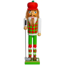 Golf Player Christmas Nutcracker – Red and Green Wooden Golfer with Club and Ball Xmas Themed Holiday Nut Cracker Doll Figure Toy Decorations