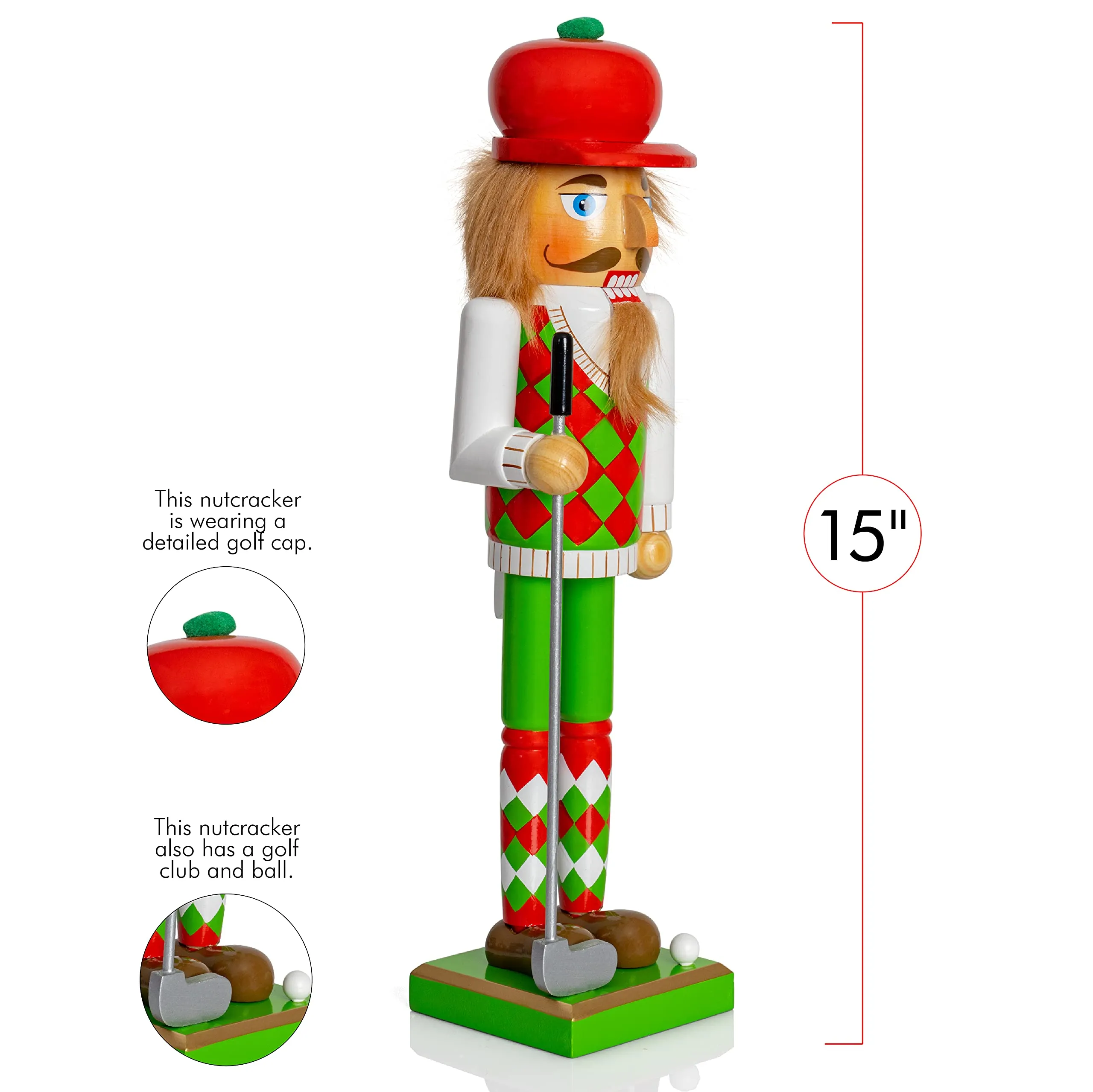 Golf Player Christmas Nutcracker – Red and Green Wooden Golfer with Club and Ball Xmas Themed Holiday Nut Cracker Doll Figure Toy Decorations