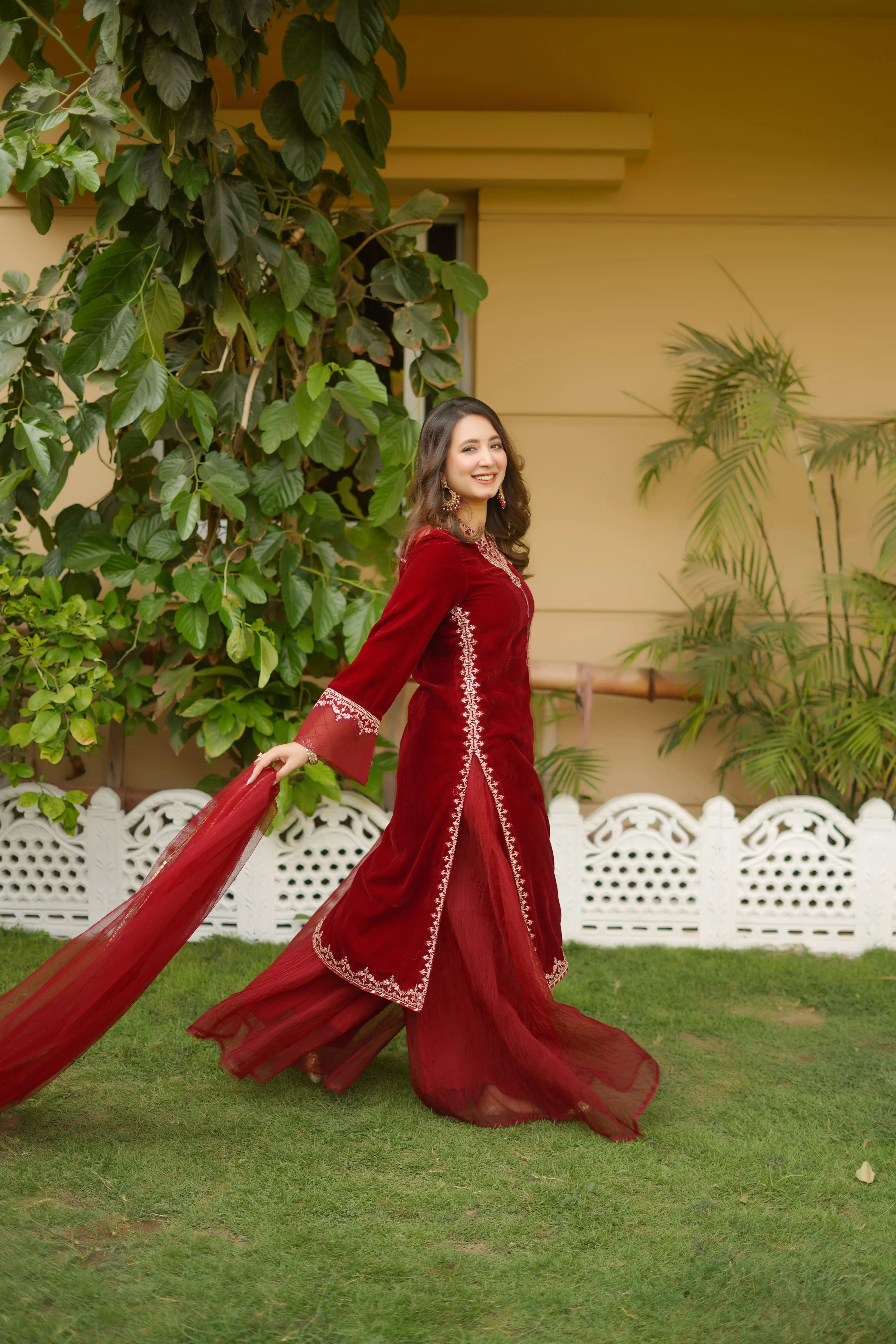 GULNAAR 3PC Red Velvet Dress Suit