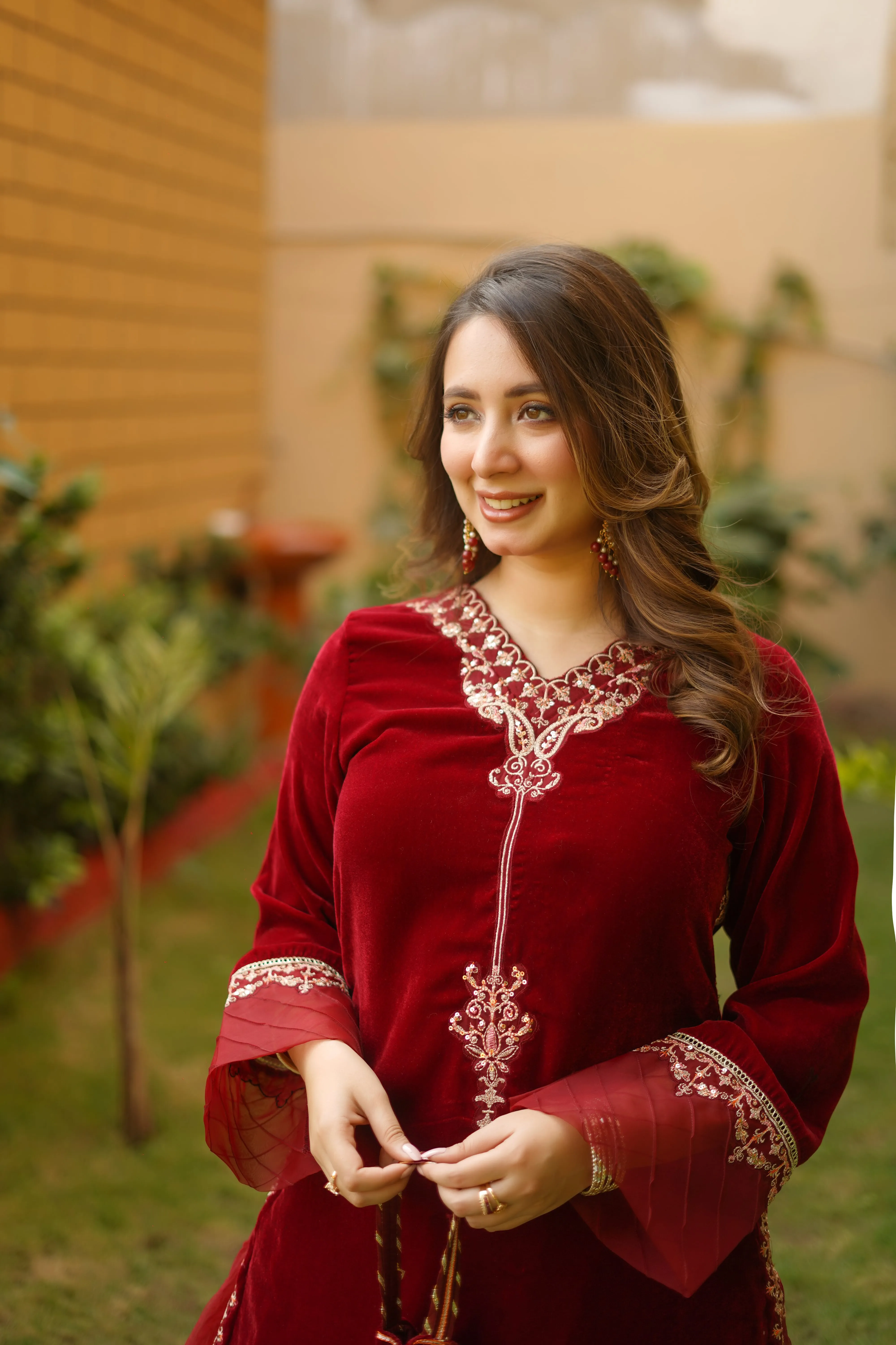 GULNAAR 3PC Red Velvet Dress Suit