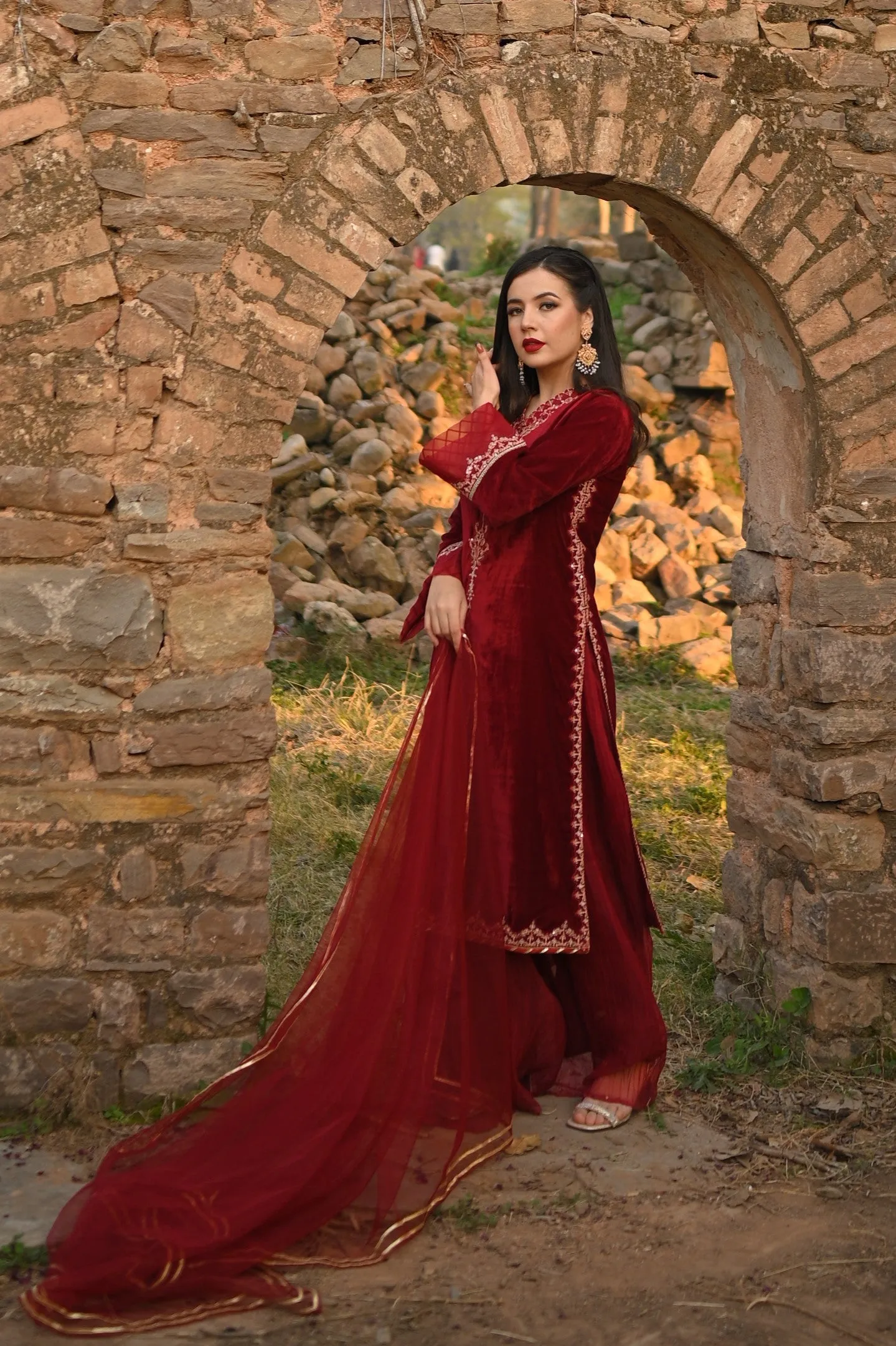 GULNAAR 3PC Red Velvet Dress Suit