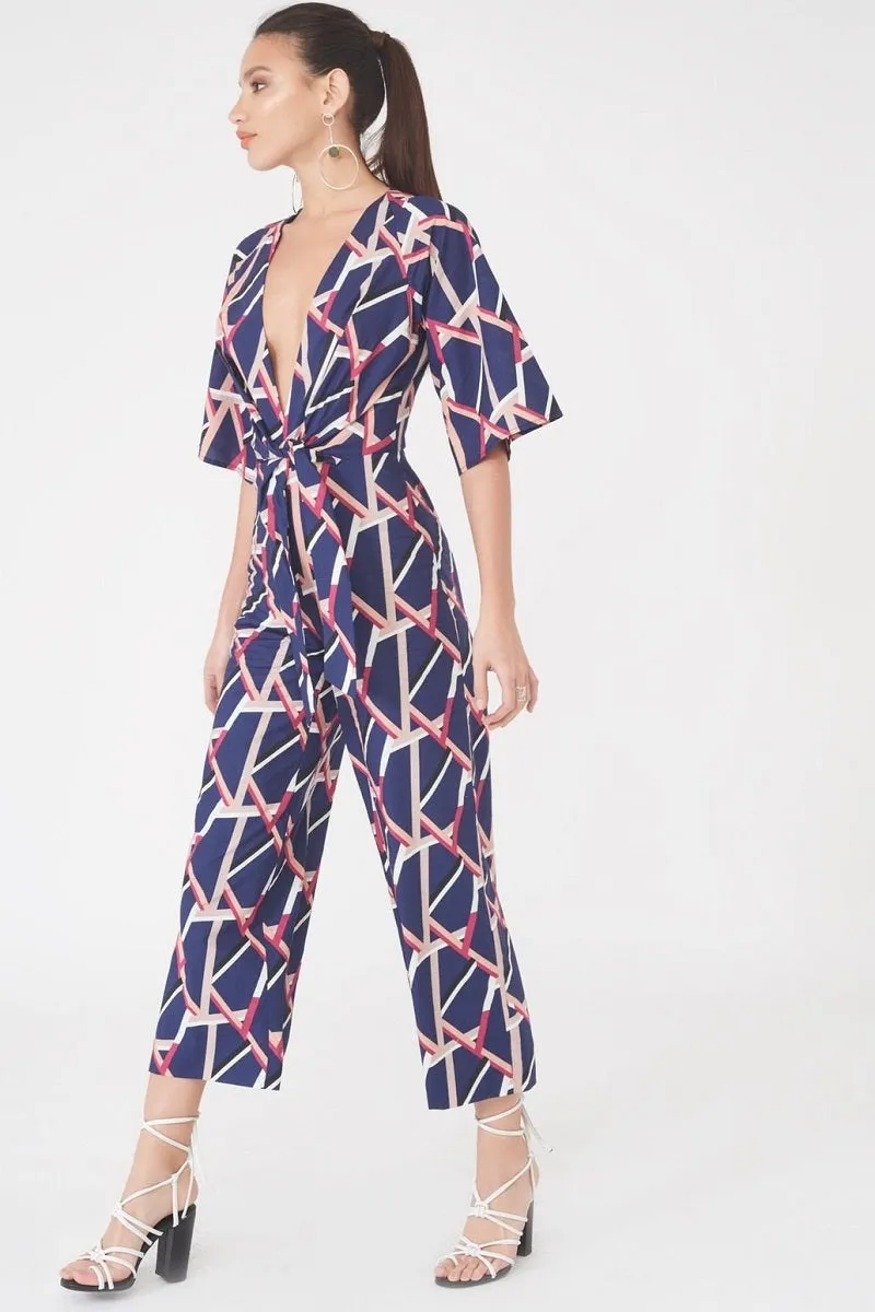 Harlow Abstract Print Tie Front Jumpsuit